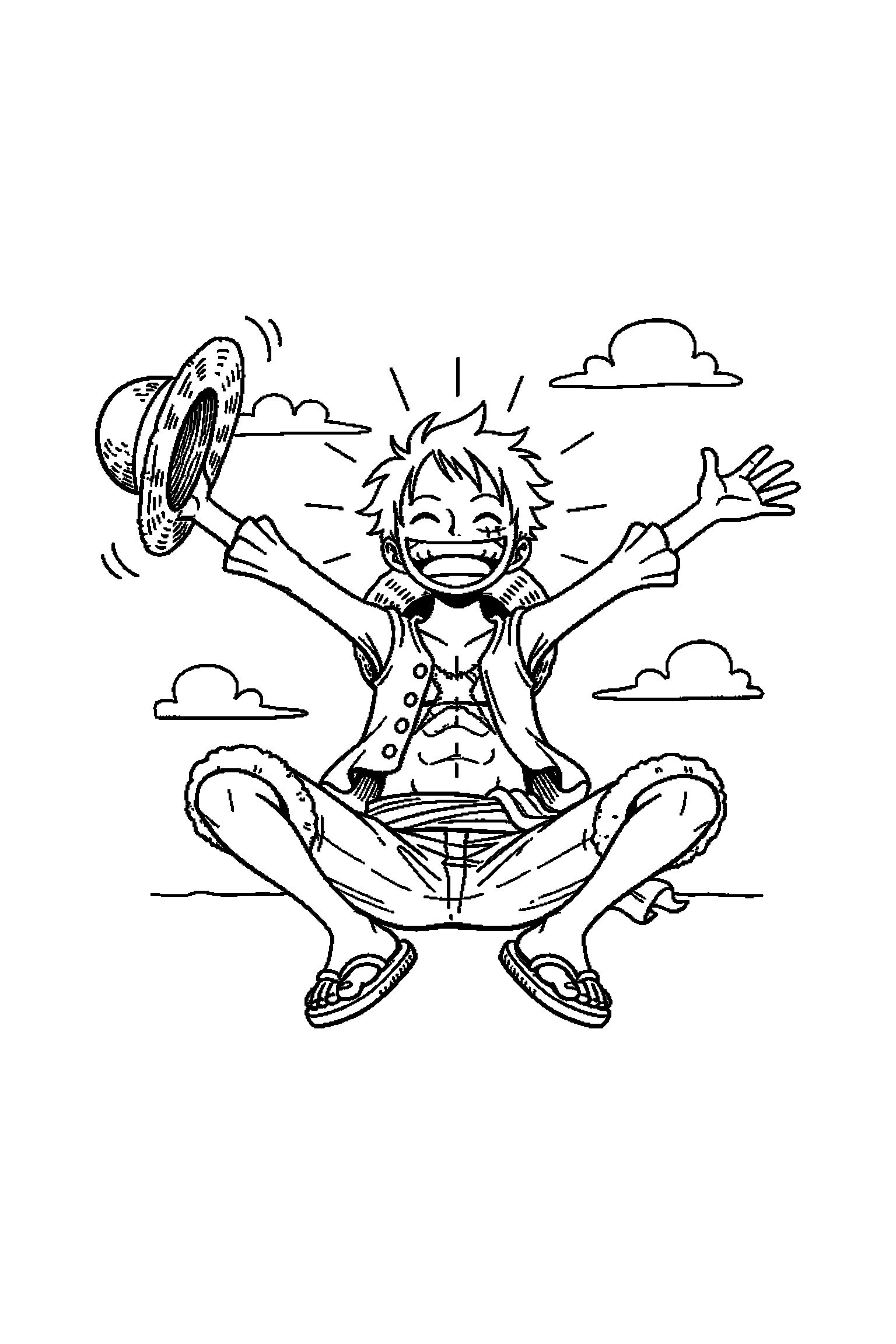 Coloriage One Piece gratuit à imprimer : Luffy assis qui sourit de tout son cœur