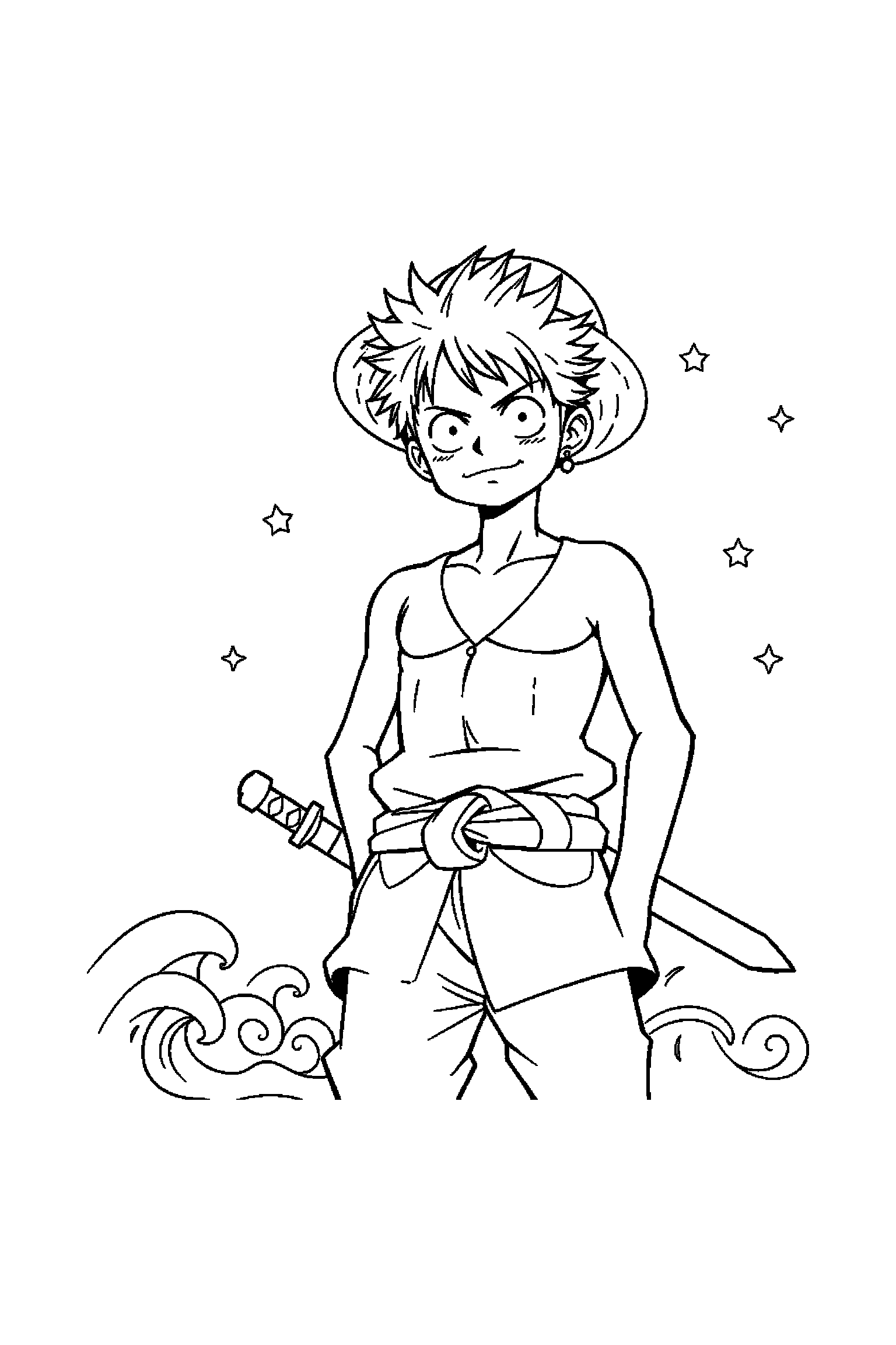 Coloriage One Piece gratuit à imprimer - Zoro debout avec les deux bras visibles et bien attachés au corps Coloriage One Piece gratuit à imprimer : Zoro debout avec les deux bras visibles et bien attachés au corps