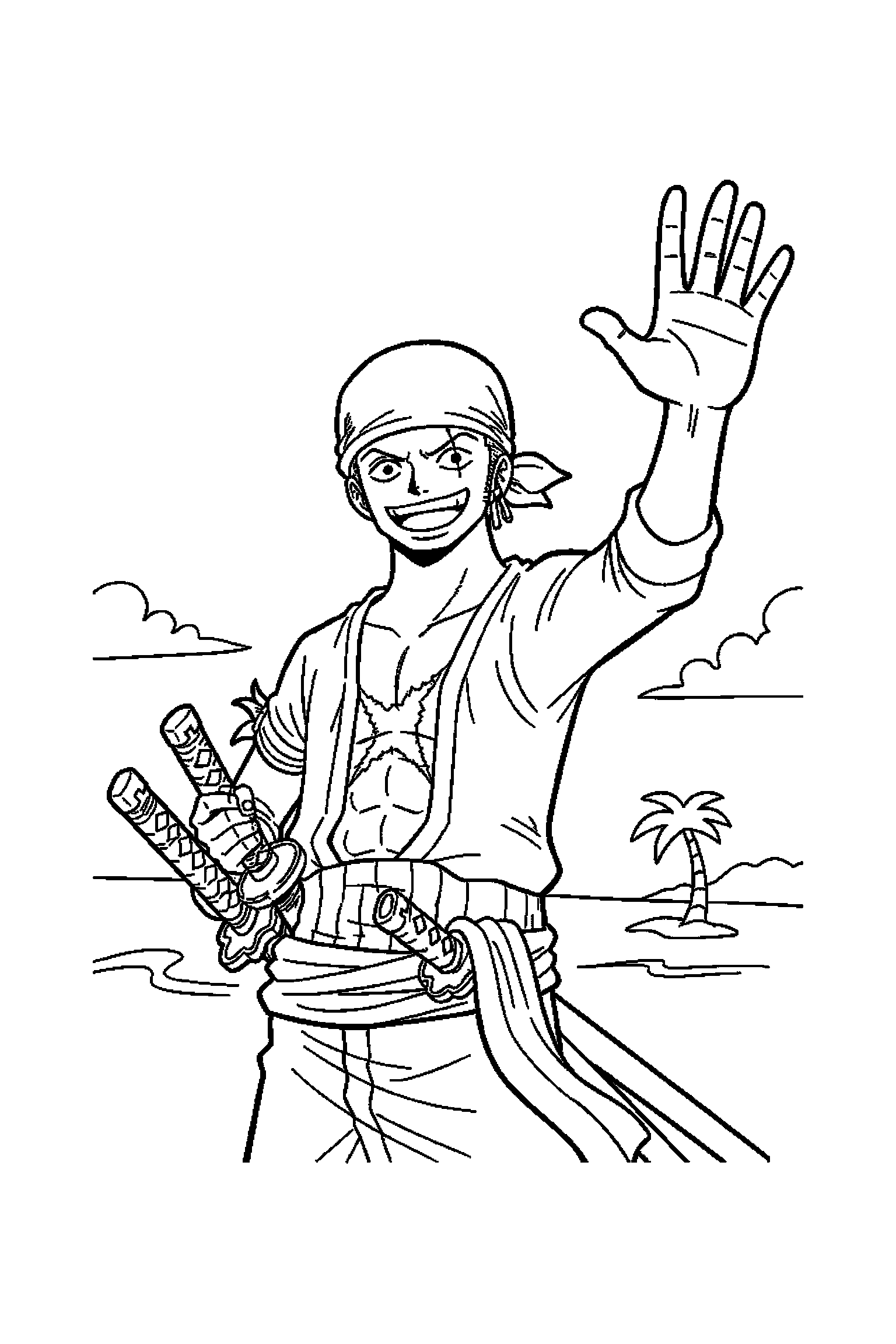 Coloriage One Piece gratuit à imprimer : Zoro qui fait coucou en levant la main