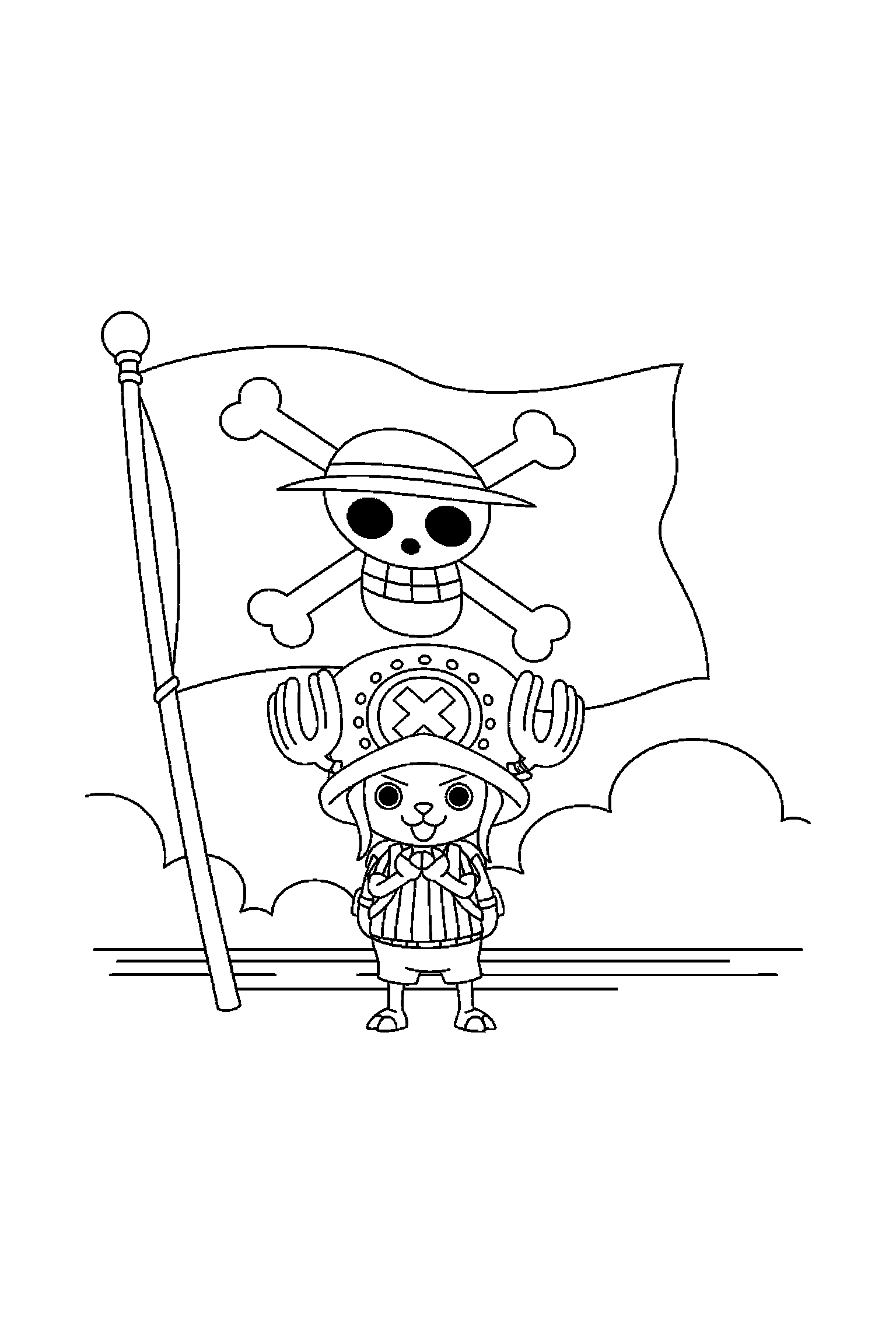Coloriage One Piece gratuit à imprimer : Chopper devant un drapeau pirate sans texte