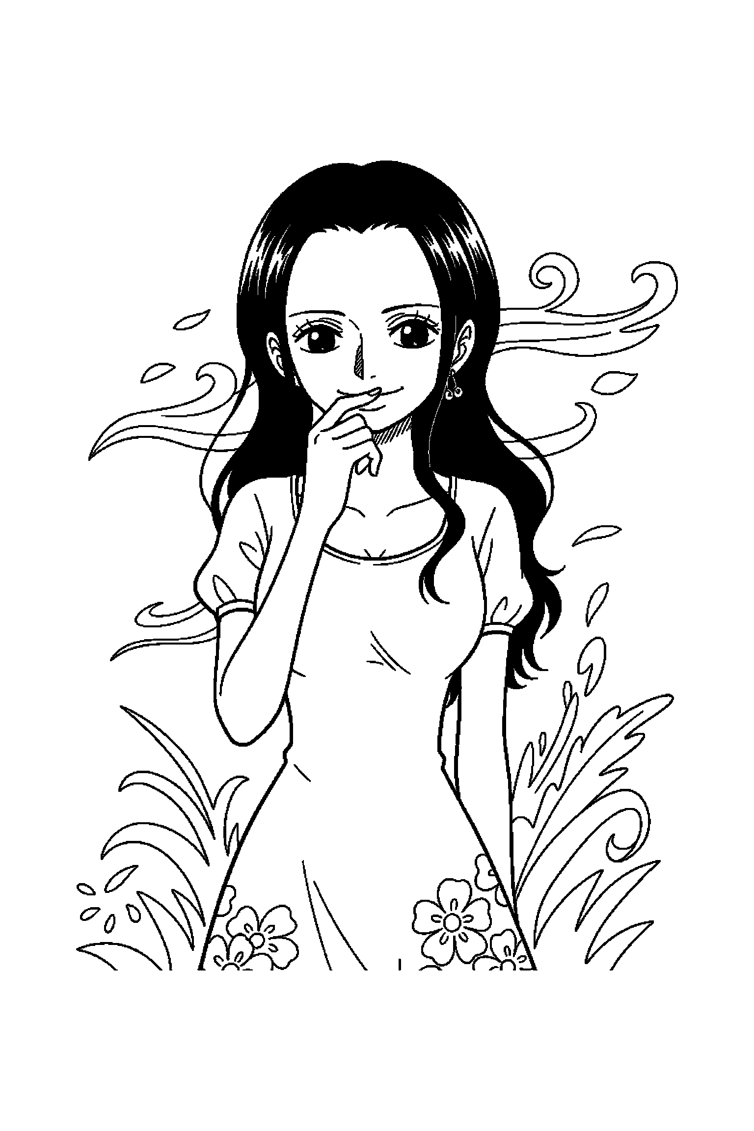 Coloriage One Piece gratuit à imprimer : Robin avec un petit sourire timide