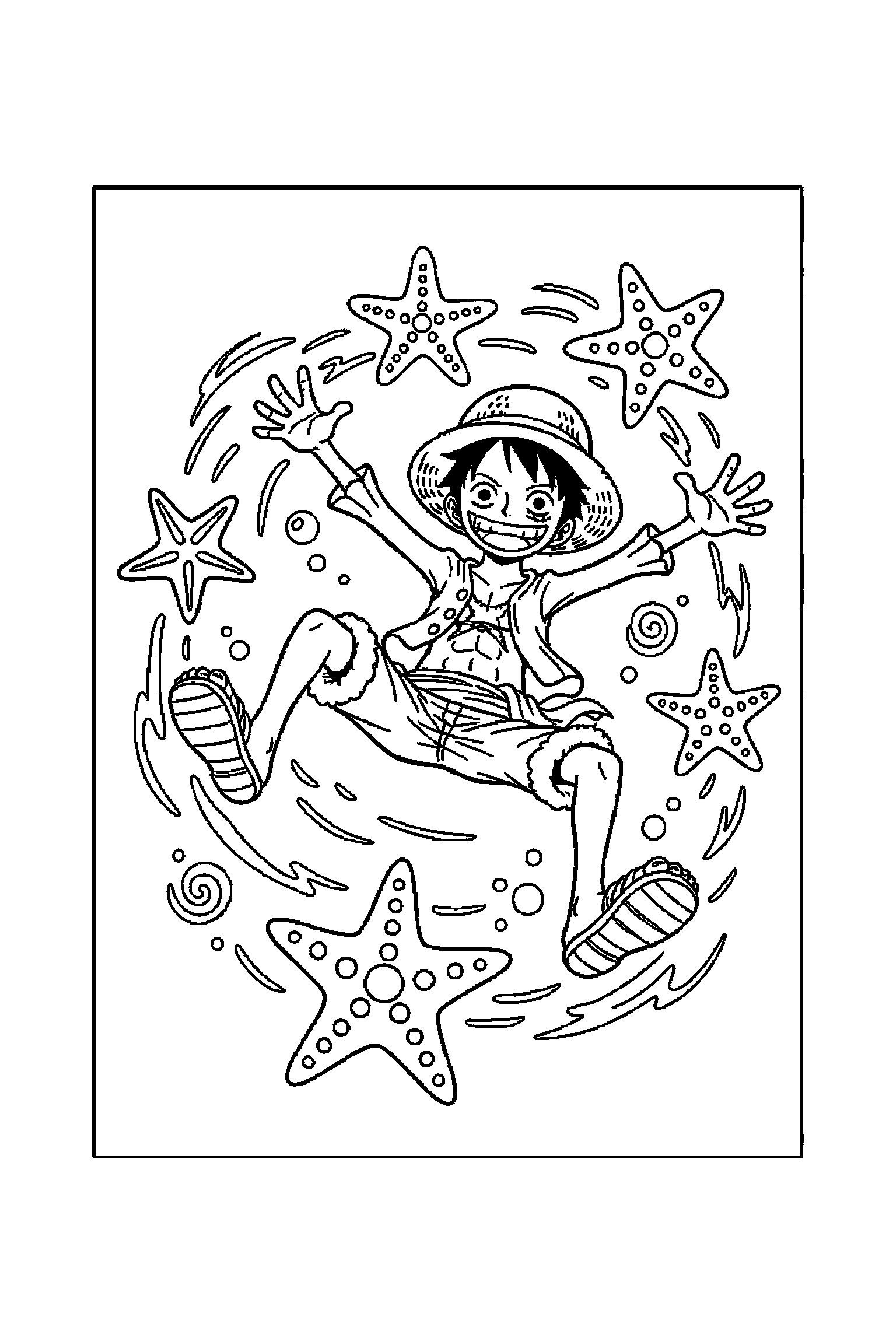 Coloriage One Piece gratuit à imprimer : Luffy avec étoiles de mer autour de lui