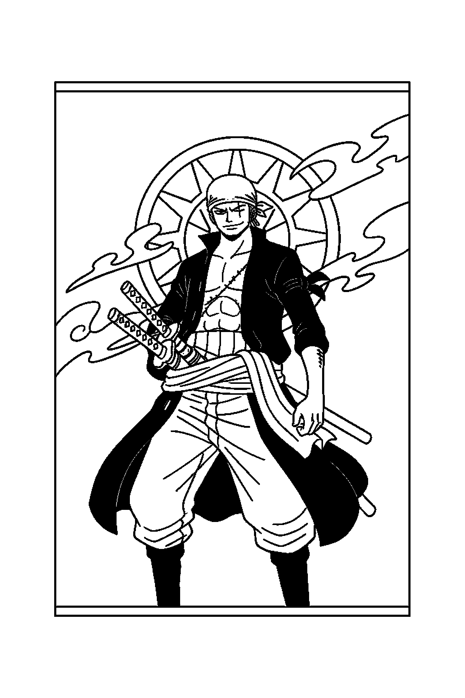 Coloriage One Piece gratuit à imprimer : Zoro posé au centre de la page