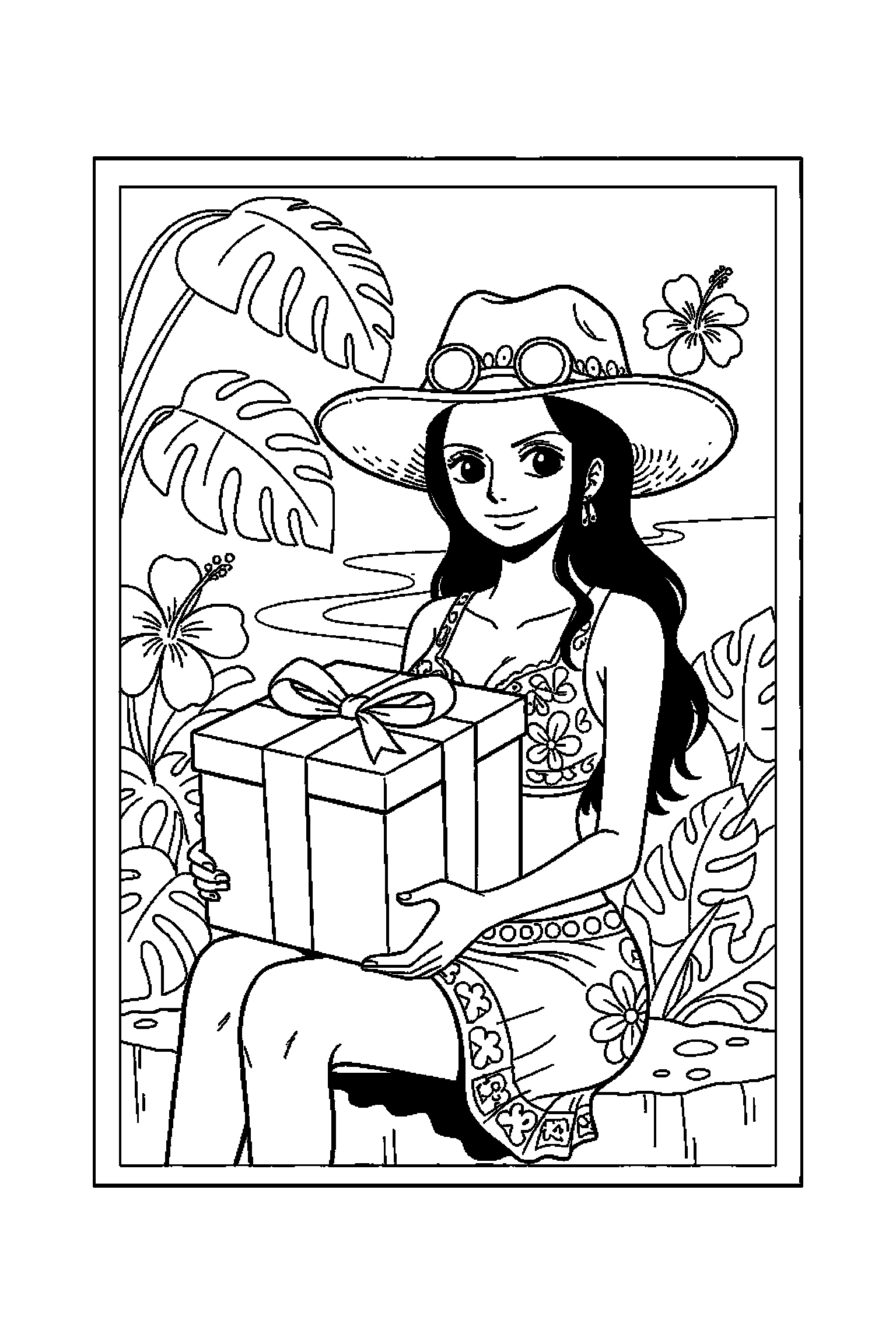 Coloriage One Piece gratuit à imprimer : Robin avec un cadeau fermé