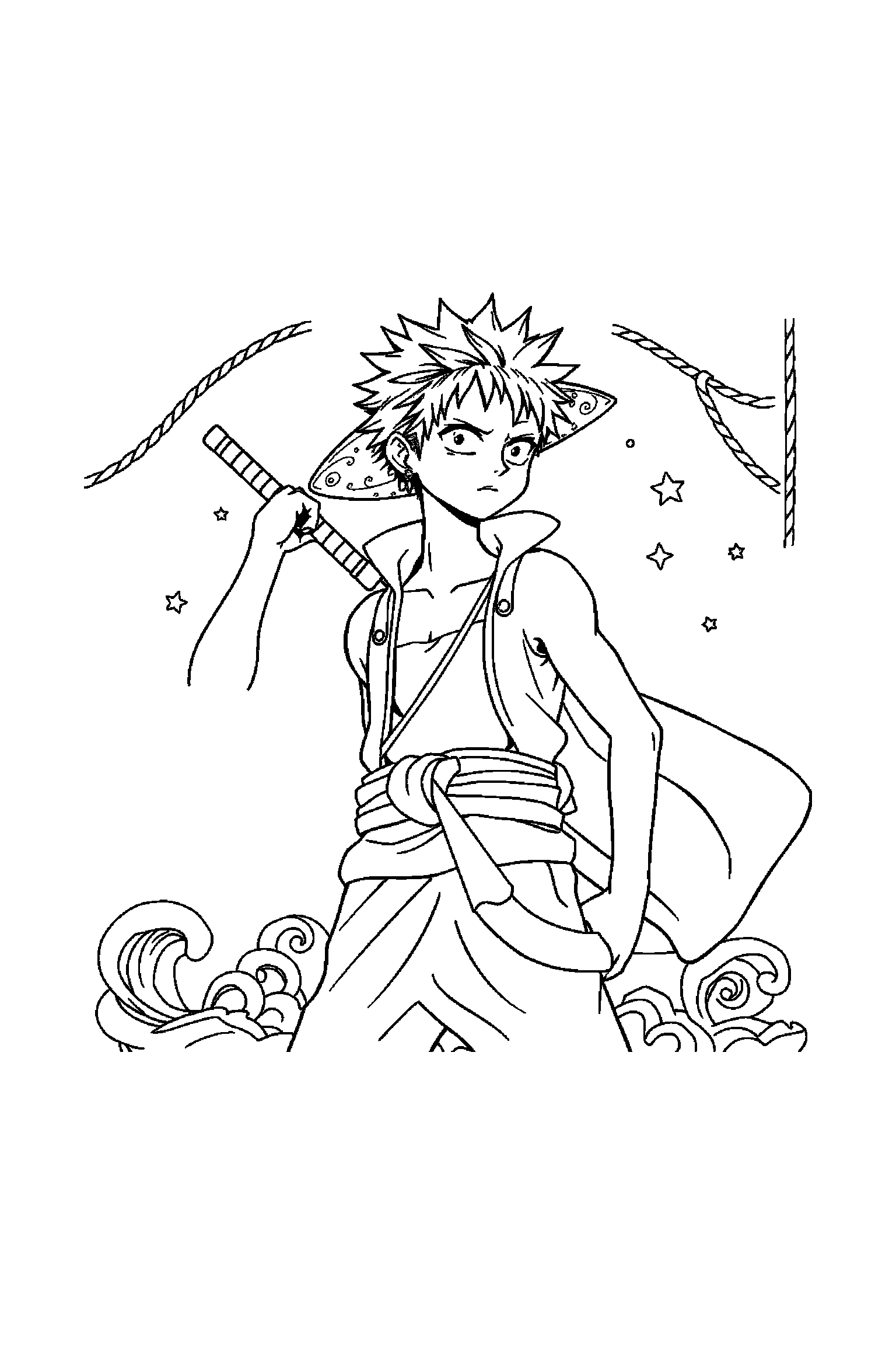 Coloriage One Piece gratuit à imprimer - Zoro debout avec une posture simple et lisible Coloriage One Piece gratuit à imprimer : Zoro debout avec une posture simple et lisible