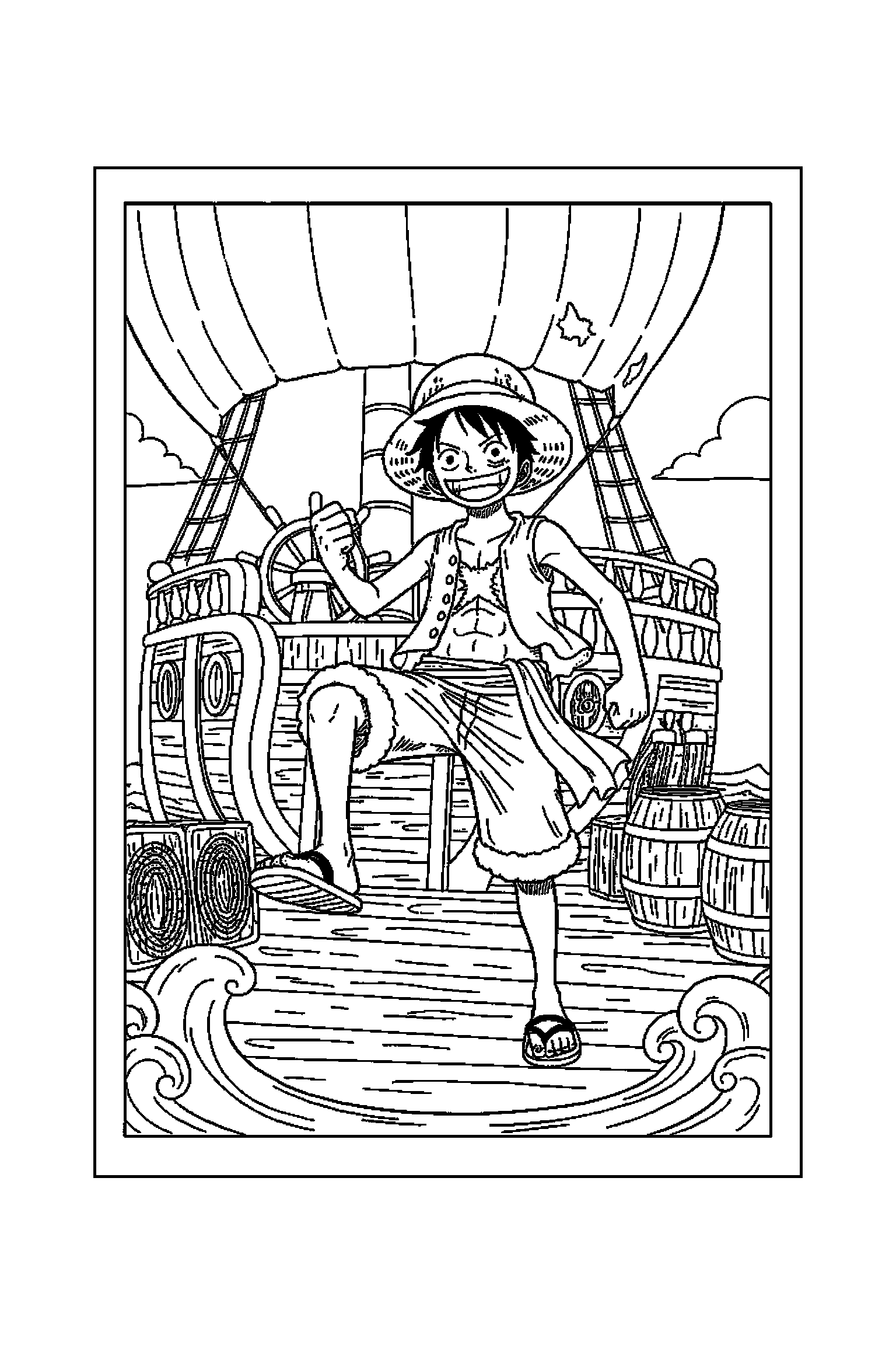Coloriage One Piece gratuit à imprimer : Luffy dans le pont d'un bateau pirate