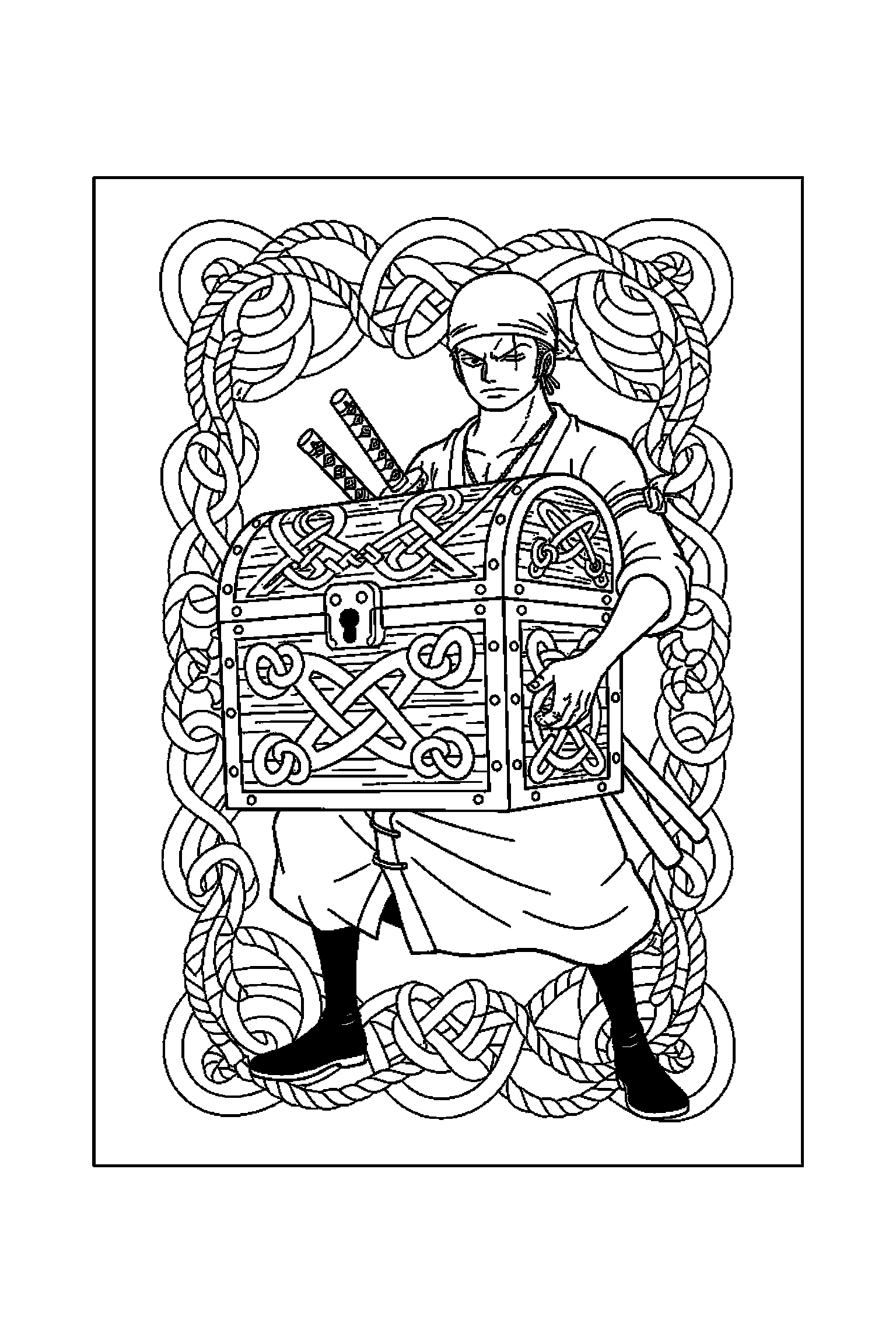 Coloriage One Piece gratuit à imprimer : Zoro avec un coffre et des motifs cordages