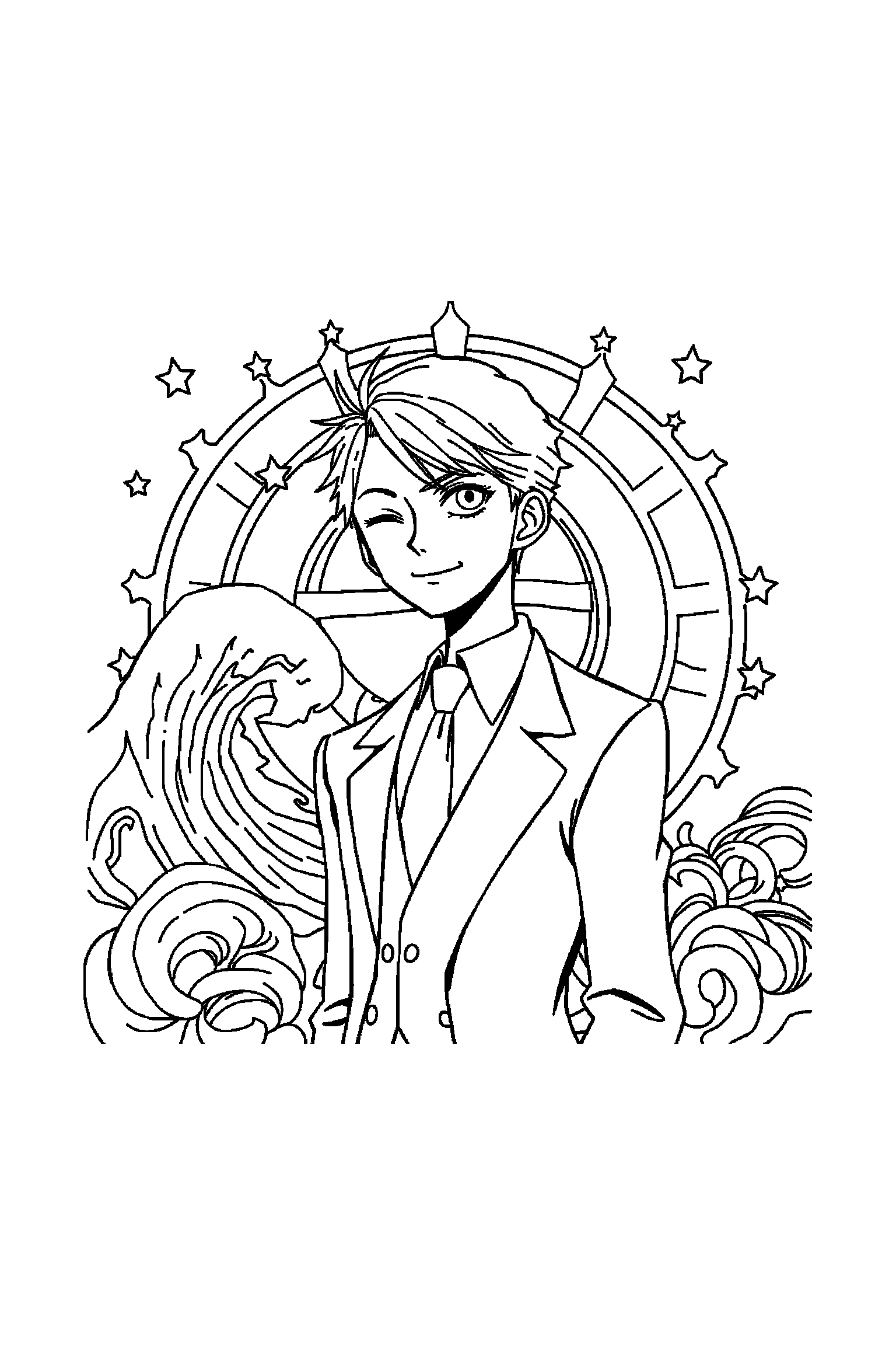 Coloriage One Piece gratuit à imprimer - Sanji souriant devant un grand motif étoiles de mer Coloriage One Piece gratuit à imprimer : Sanji souriant devant un grand motif étoiles de mer