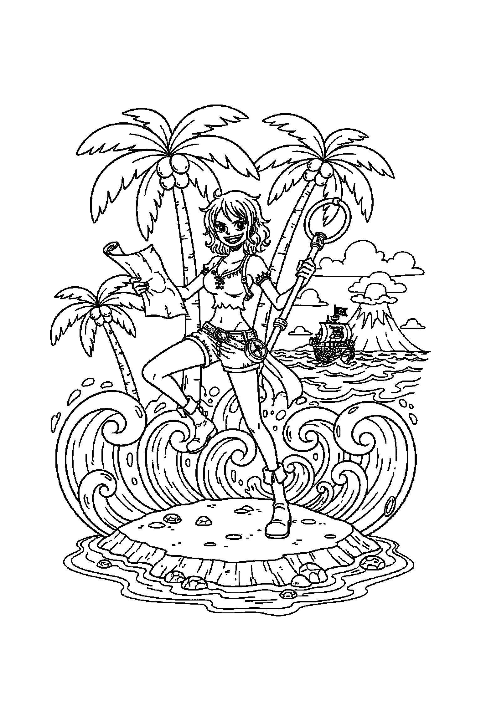 Coloriage One Piece gratuit à imprimer : Nami en petite scène d'aventure