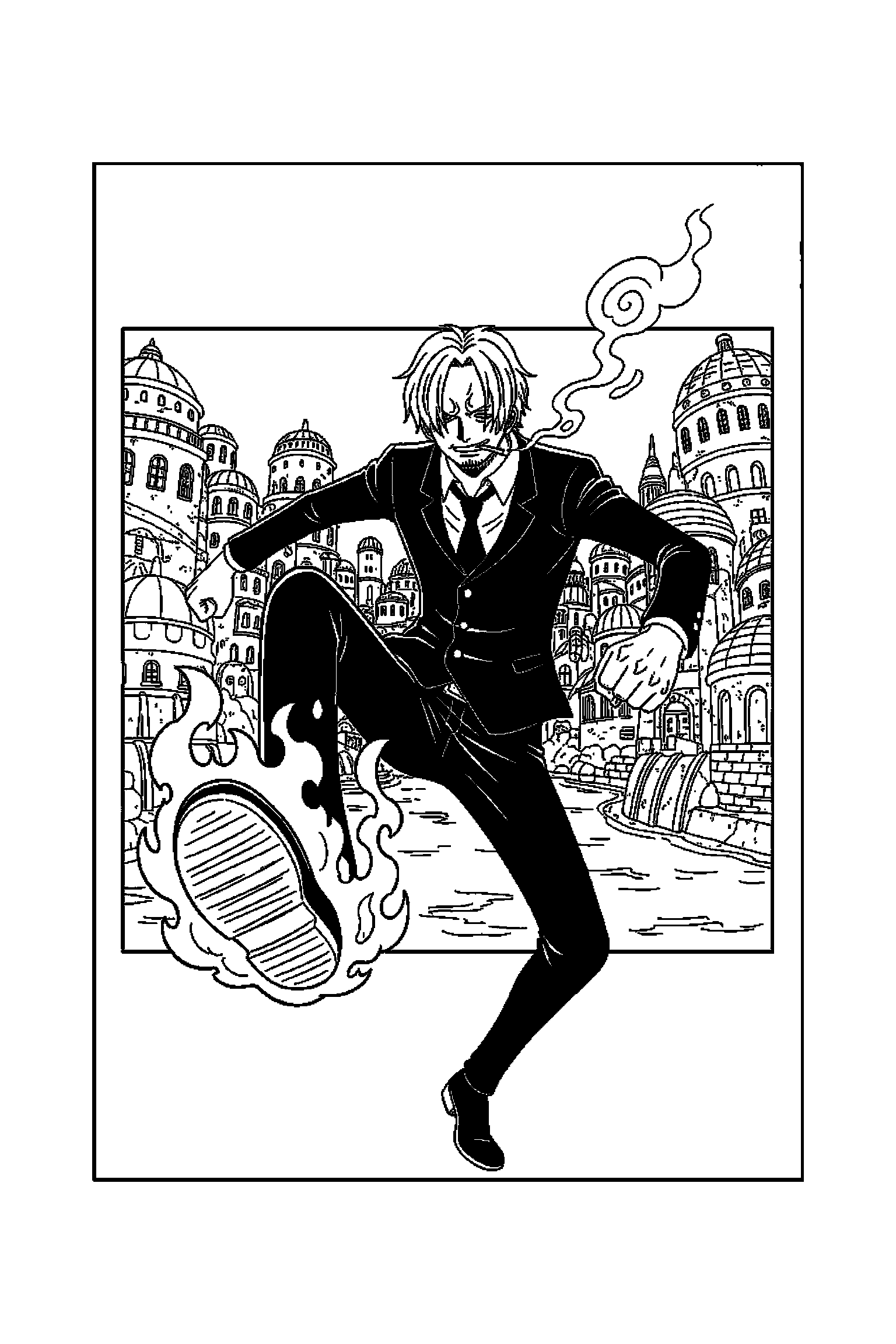 Coloriage One Piece gratuit à imprimer : Sanji avec un décor d'arrière-plan