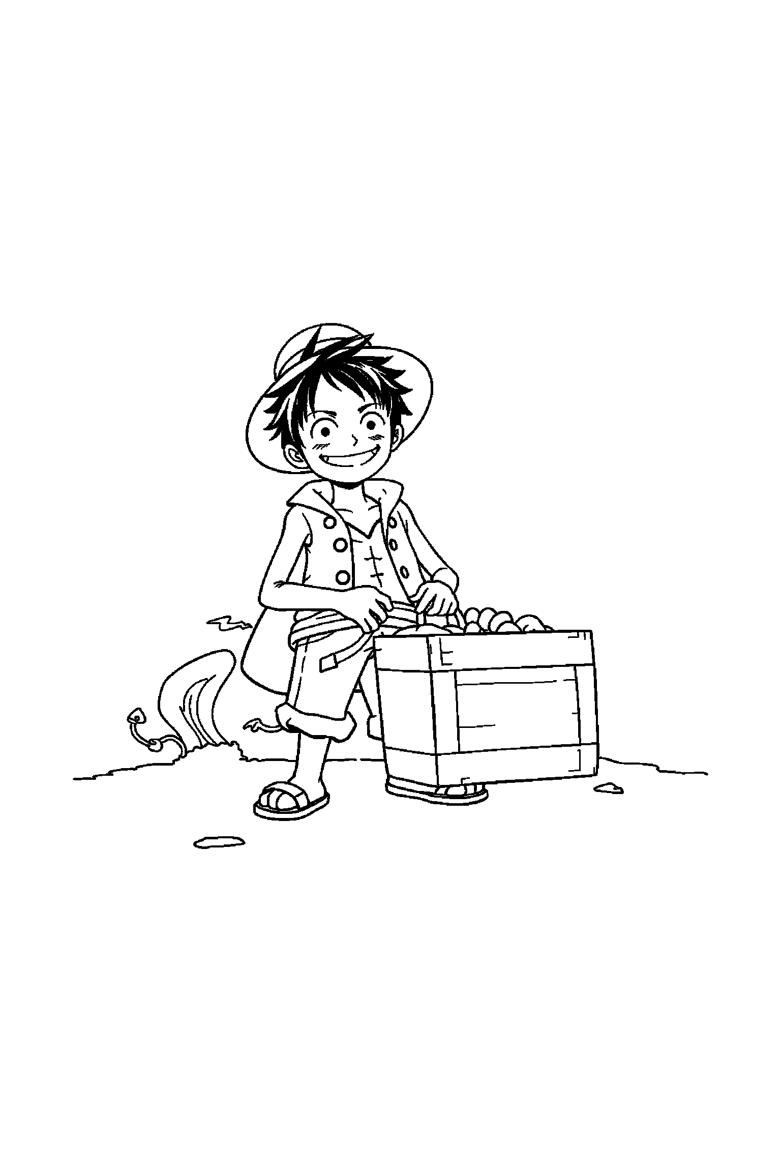 Coloriage One Piece gratuit à imprimer - Luffy tenant un coffre devant lui Coloriage One Piece gratuit à imprimer : Luffy tenant un coffre devant lui