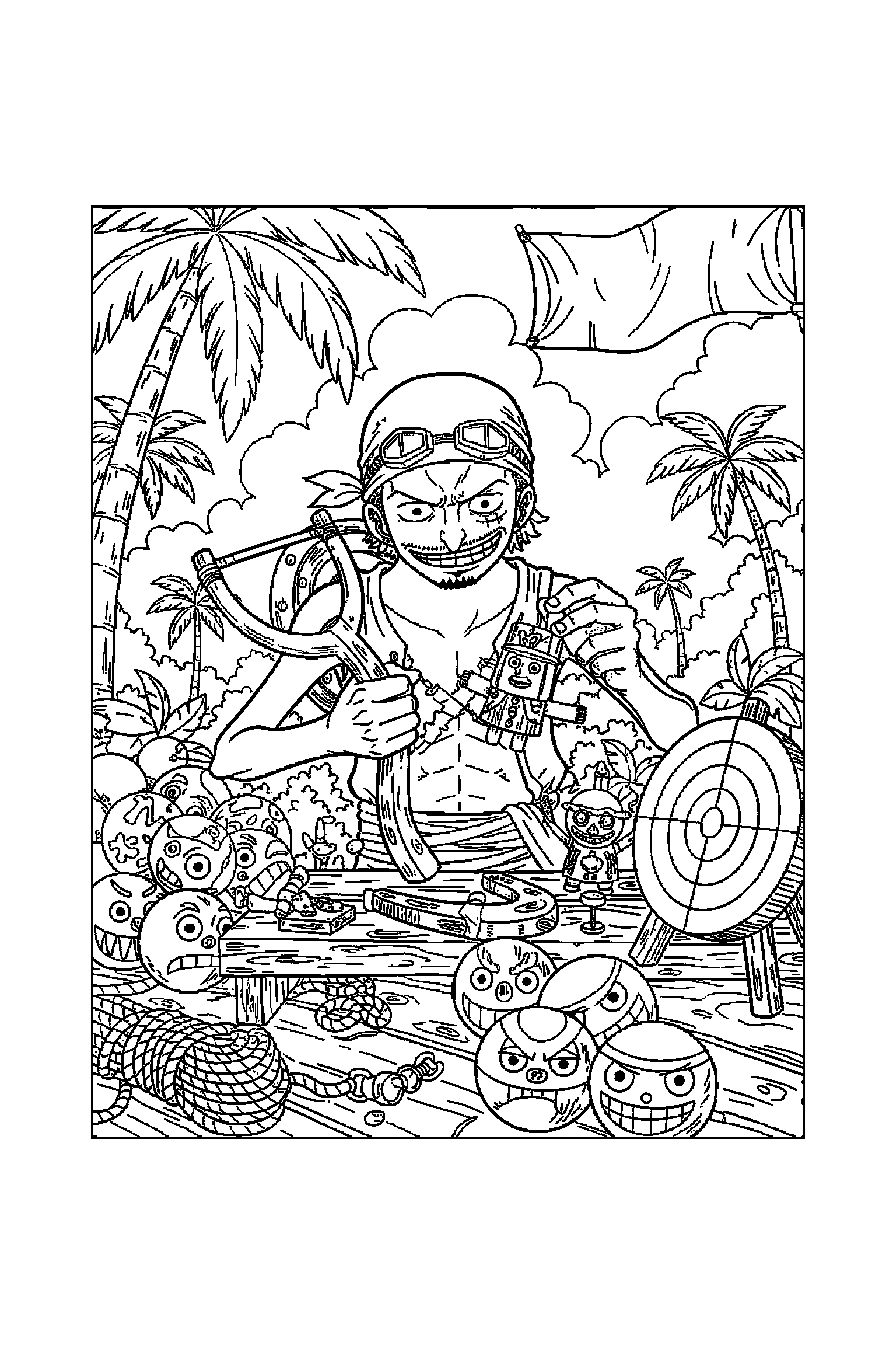 Coloriage One Piece gratuit à imprimer : Usopp qui prépare une activité
