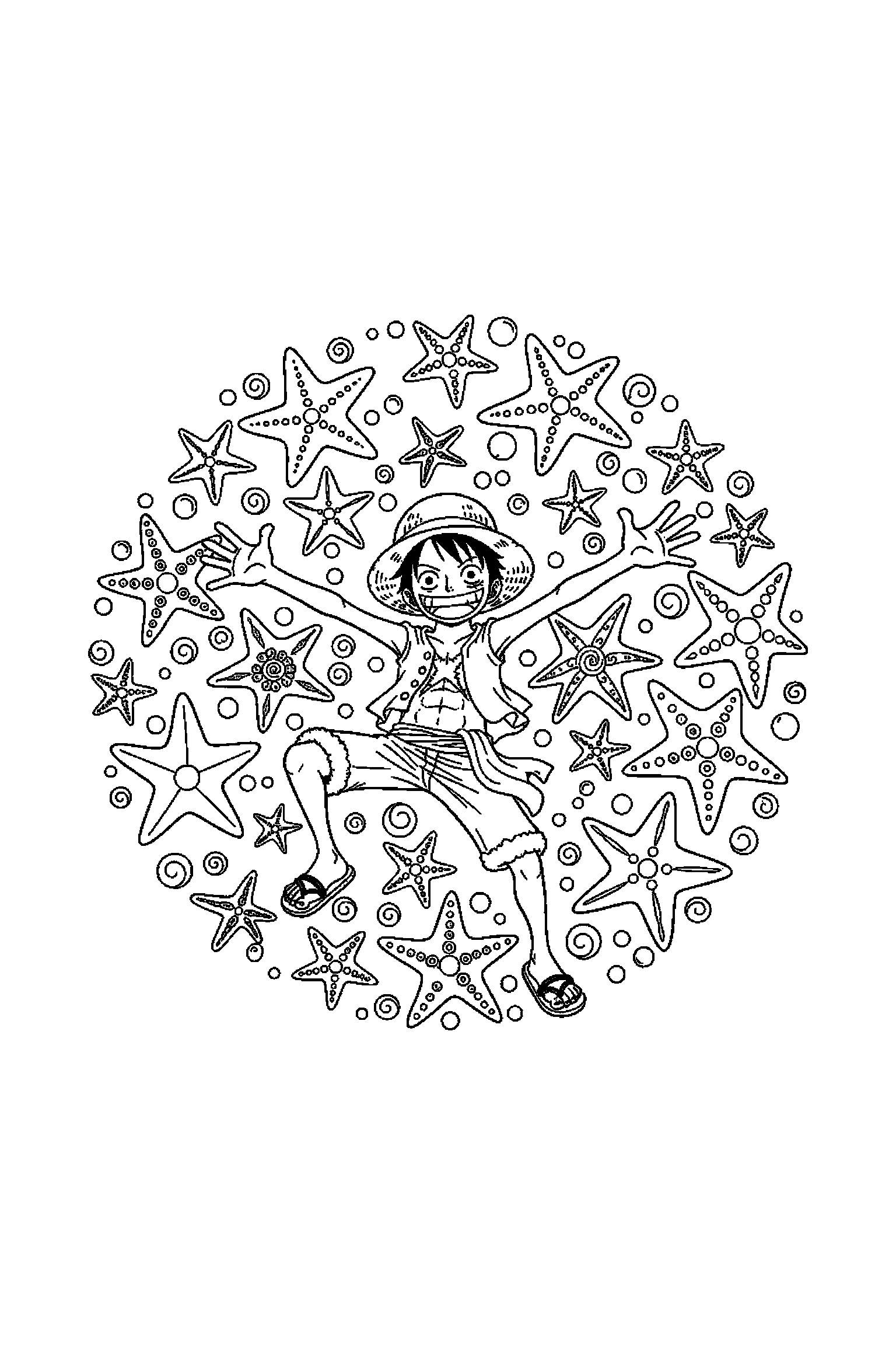 Coloriage One Piece gratuit à imprimer : Luffy entouré par des motifs étoiles de mer