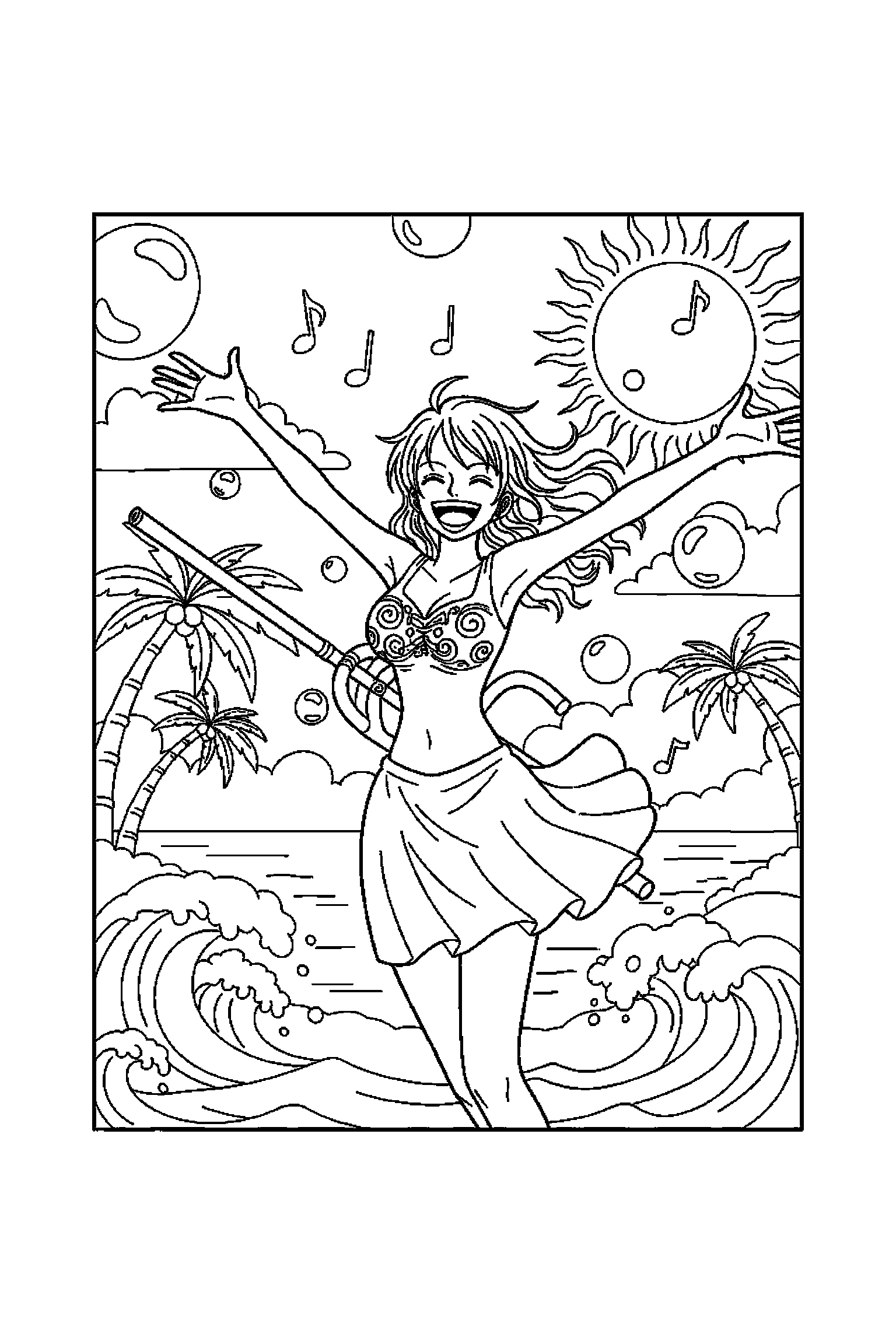 Coloriage One Piece gratuit à imprimer : Nami dans une scène joyeuse