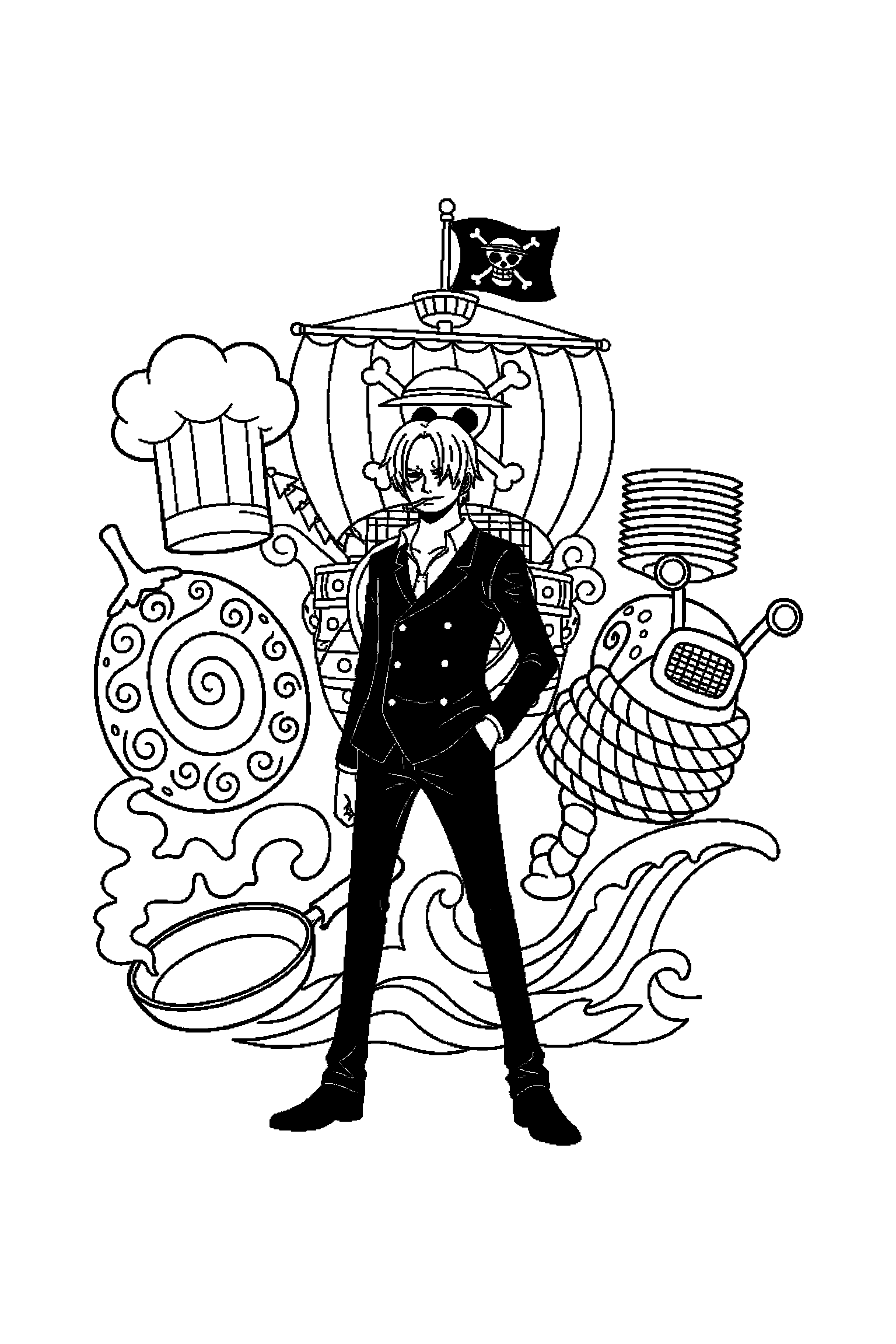Coloriage One Piece gratuit à imprimer : Sanji au milieu de grands éléments faciles
