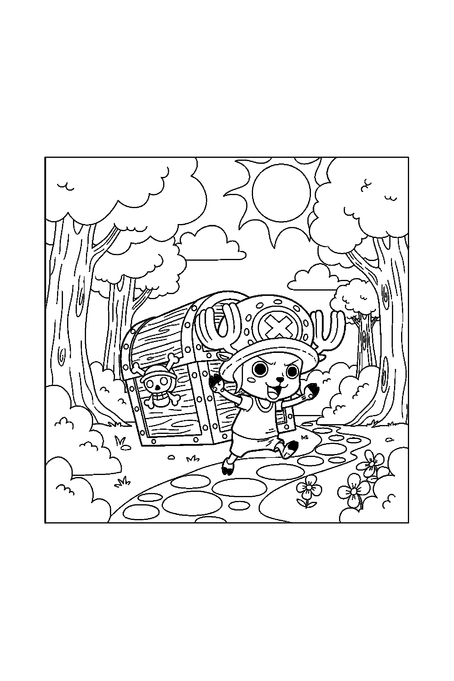 Coloriage One Piece gratuit à imprimer : Chopper avec un coffre sur un fond clair