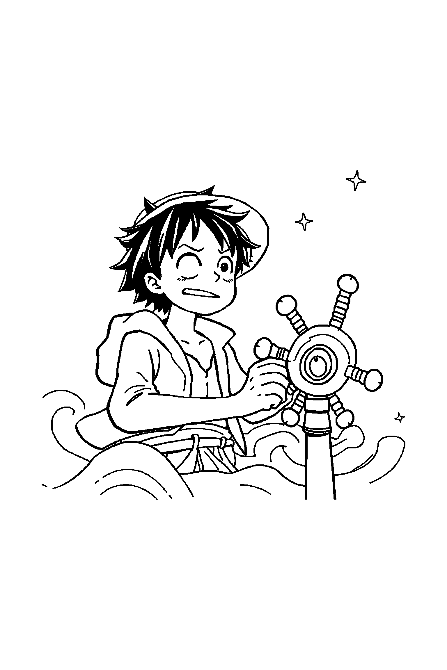 Coloriage One Piece gratuit à imprimer - Luffy qui regarde un gouvernail Coloriage One Piece gratuit à imprimer : Luffy qui regarde un gouvernail