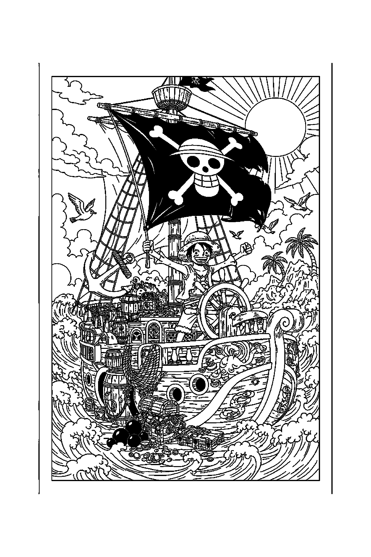 Coloriage One Piece gratuit à imprimer : Luffy dans le pont d'un bateau pirate avec plusieurs détails