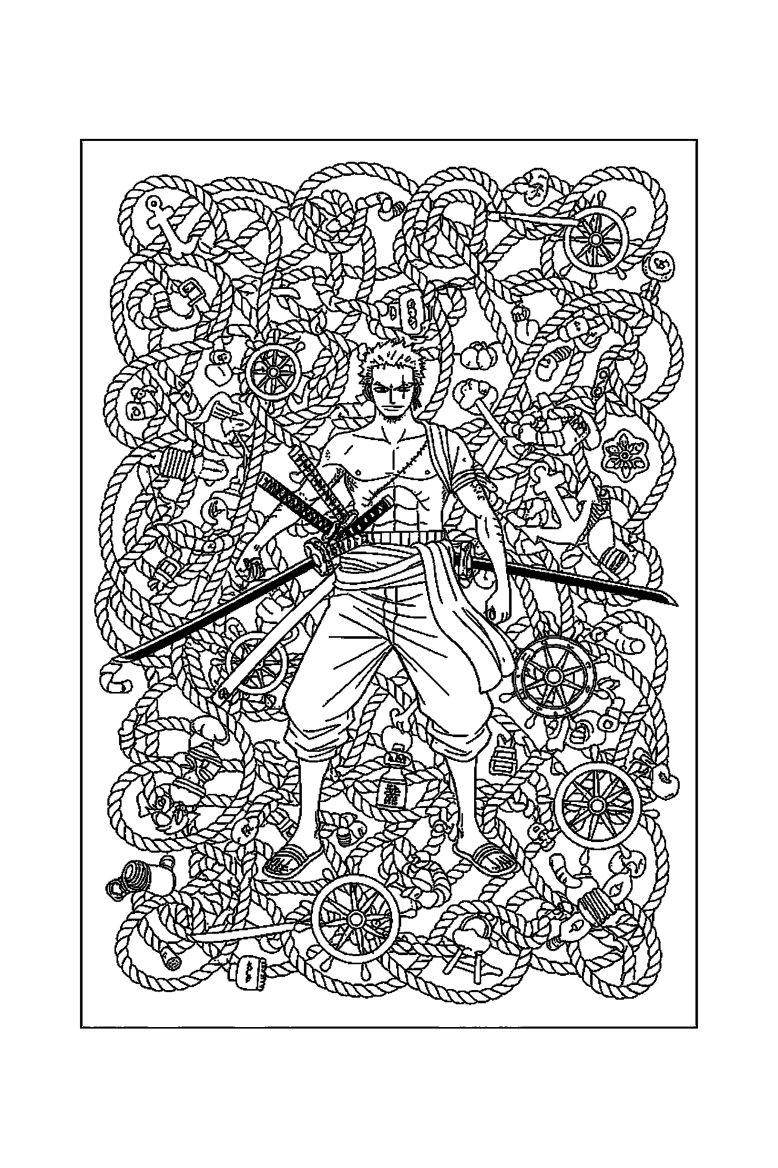 Coloriage One Piece gratuit à imprimer : Zoro entouré par des motifs cordages et de petits objets