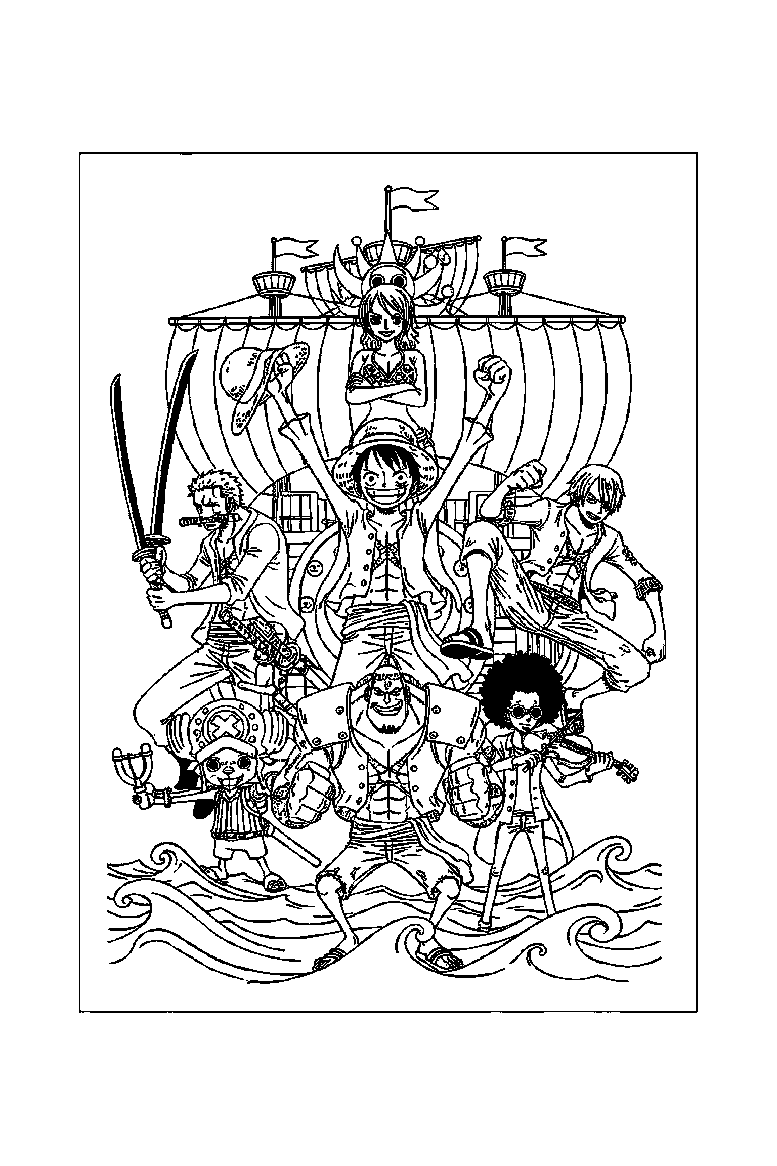Coloriage One Piece gratuit à imprimer : scène verticale avec Nami et l'équipage du Chapeau de paille