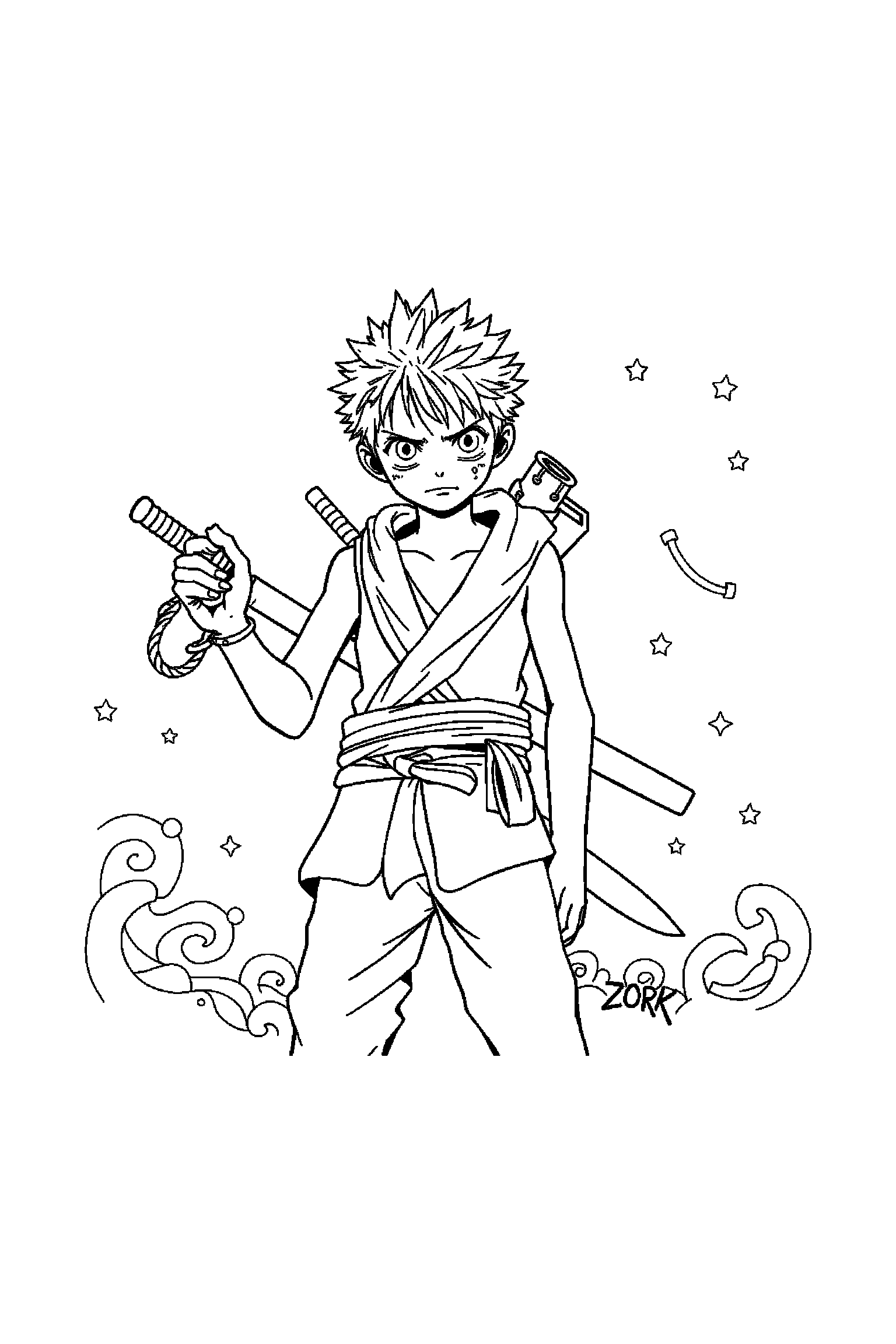 Coloriage One Piece gratuit à imprimer - Zoro avec un coffre et des motifs cordages Coloriage One Piece gratuit à imprimer : Zoro avec un coffre et des motifs cordages