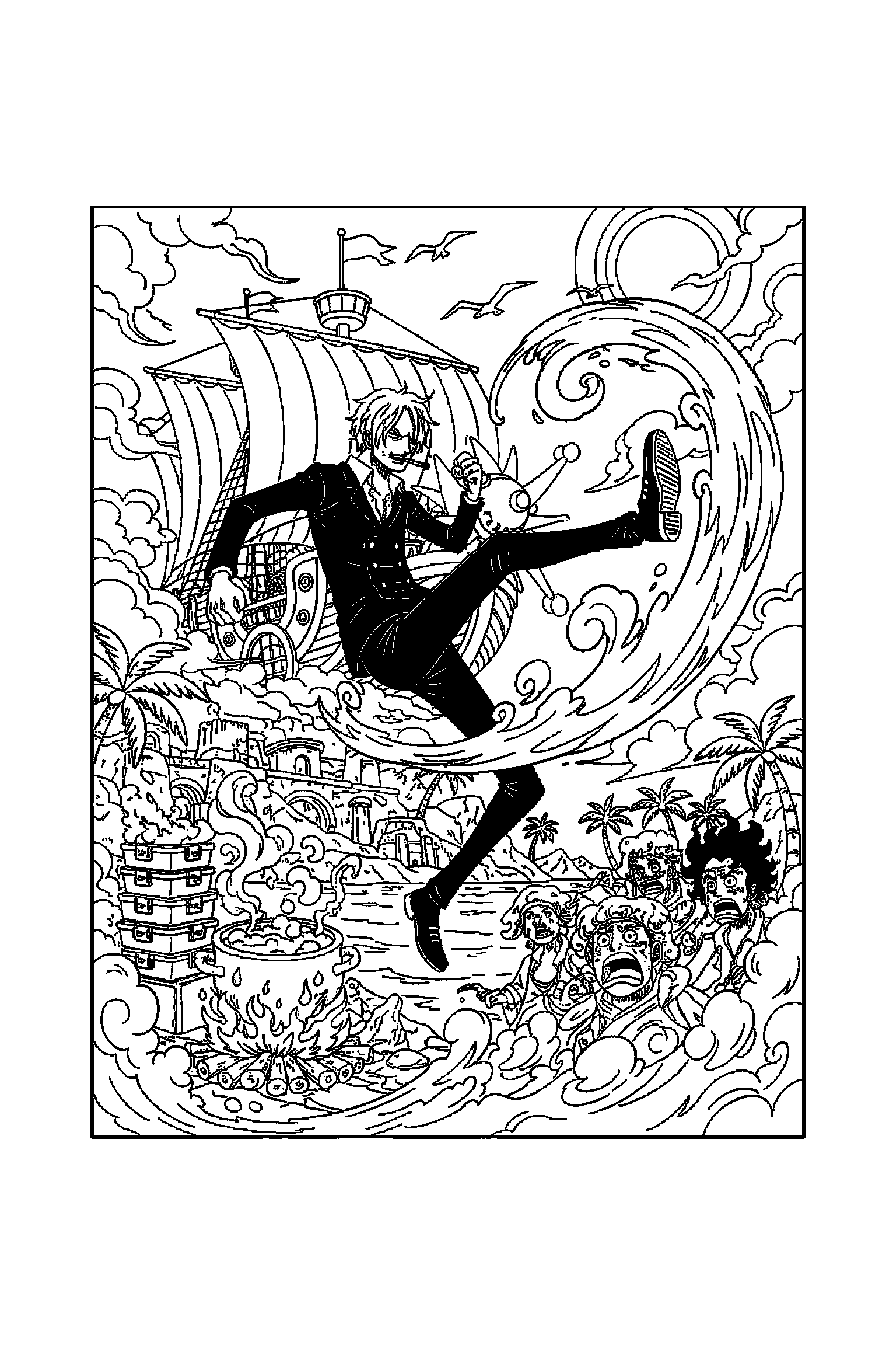 Coloriage One Piece gratuit à imprimer : Sanji au centre d'un décor riche mais lisible