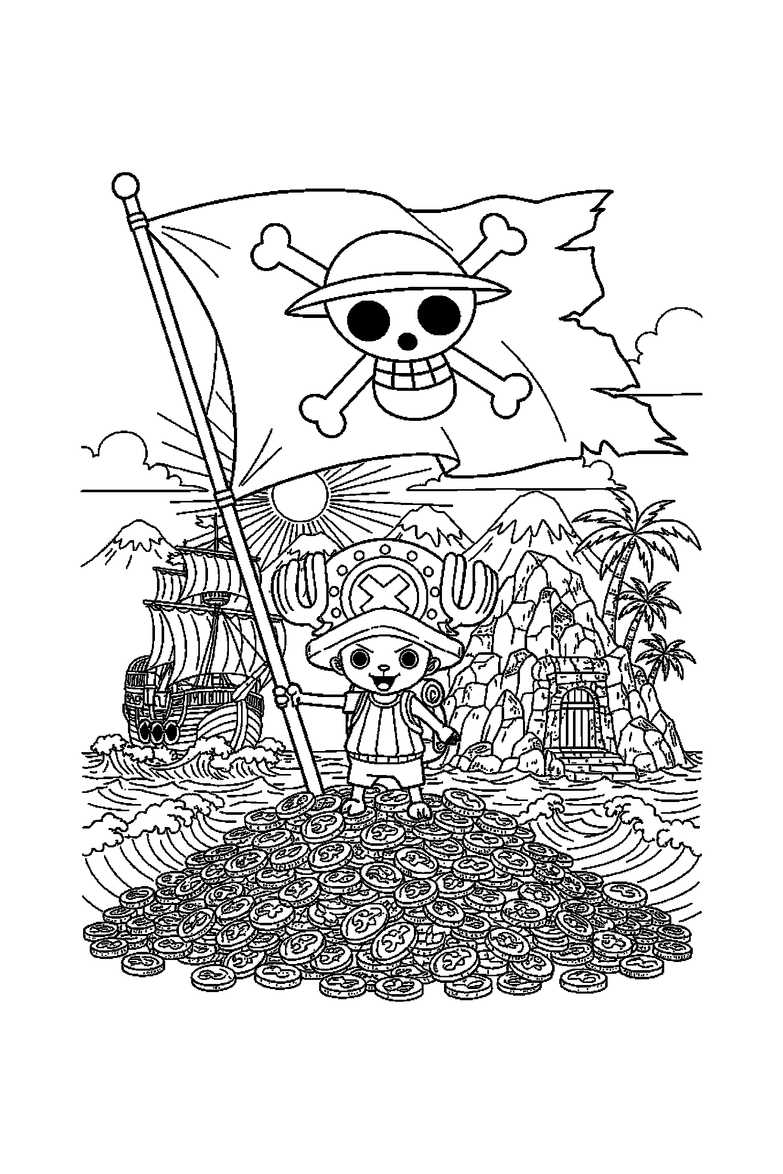 Coloriage One Piece gratuit à imprimer : Chopper avec un drapeau pirate sans texte, pièces d'or et arrière-plan complet