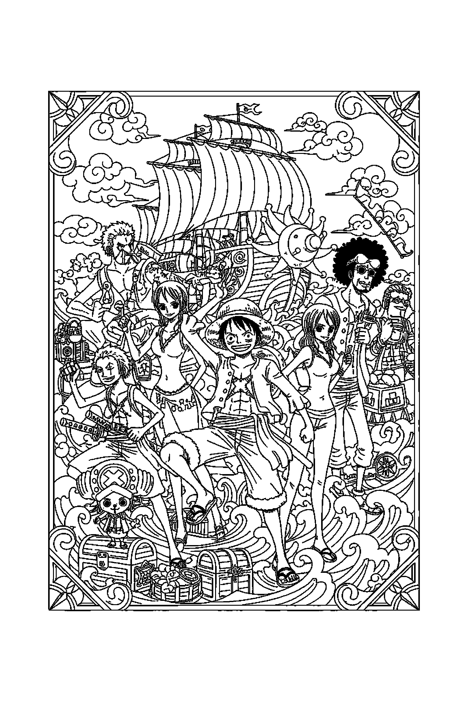 Coloriage One Piece gratuit à imprimer : l'équipage du Chapeau de paille dans une composition d'affiche à colorier