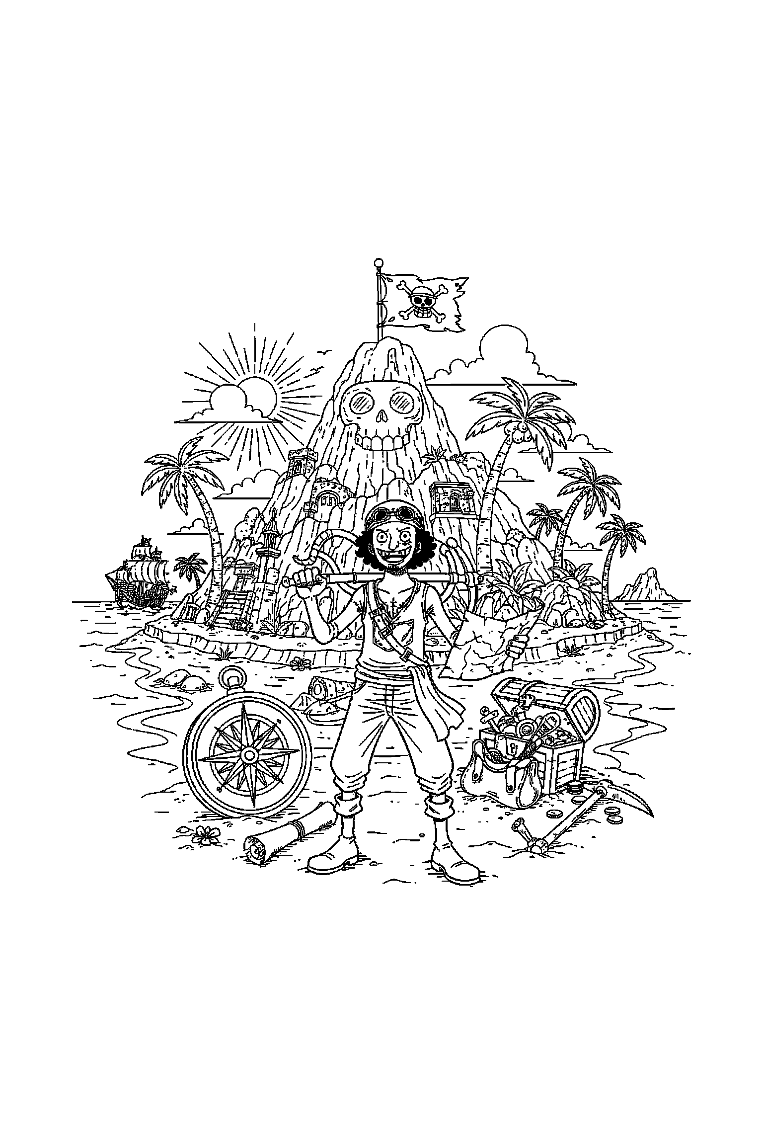 Coloriage One Piece gratuit à imprimer : Usopp devant une île au trésor avec accessoires