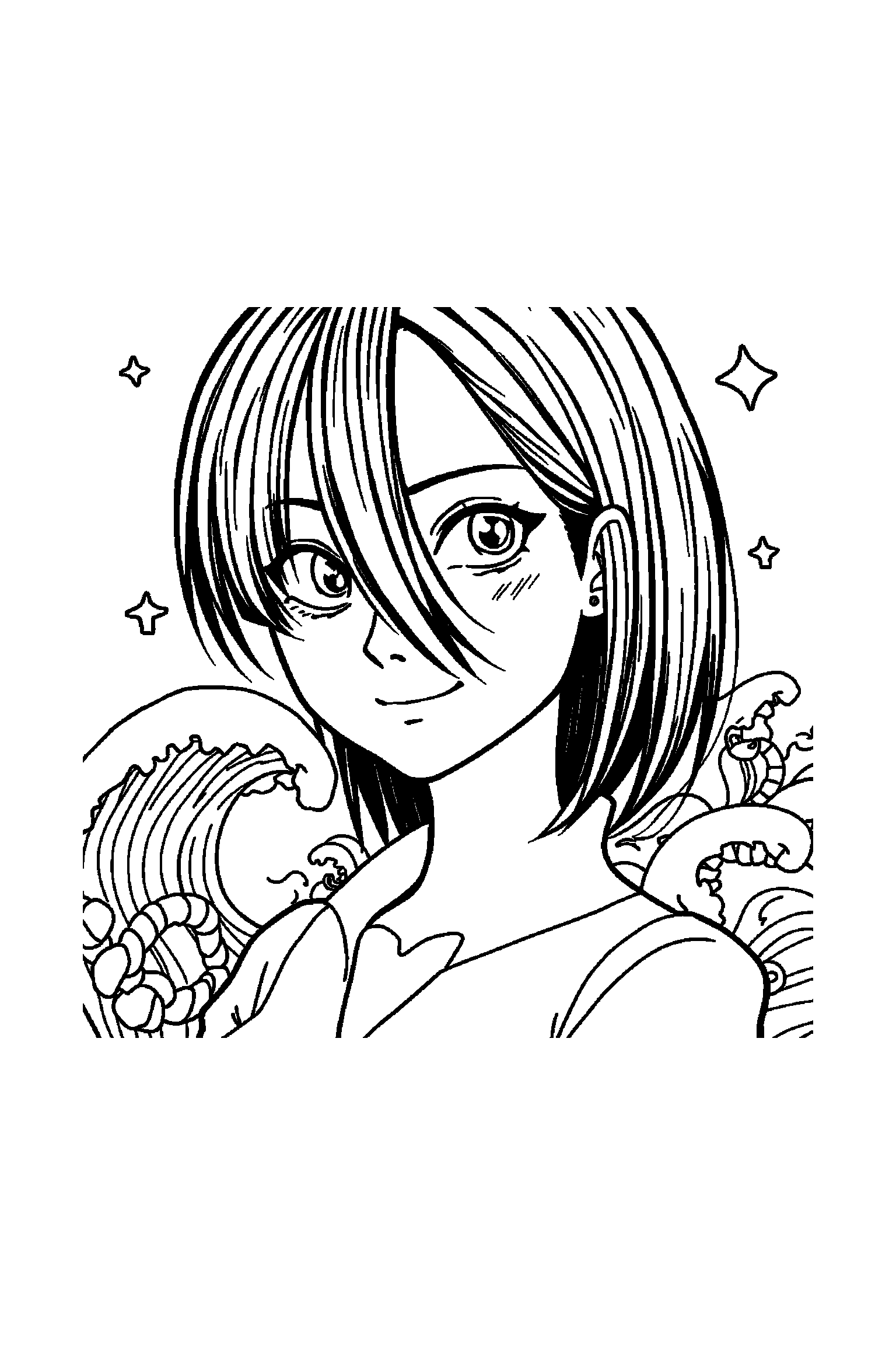 Coloriage One Piece gratuit à imprimer - Robin devant un fond décoré avec vagues Coloriage One Piece gratuit à imprimer : Robin devant un fond décoré avec vagues