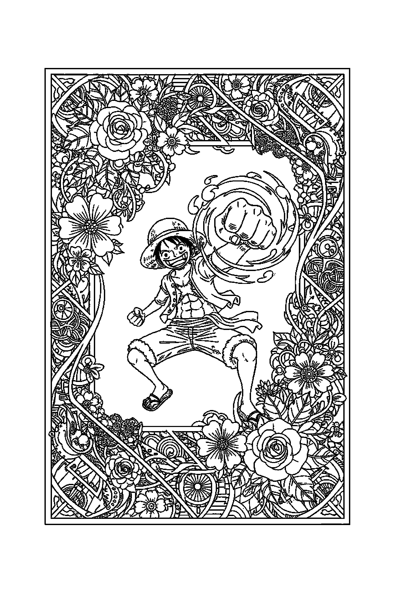 Coloriage One Piece gratuit à imprimer : Luffy dans un cadre floral ou graphique