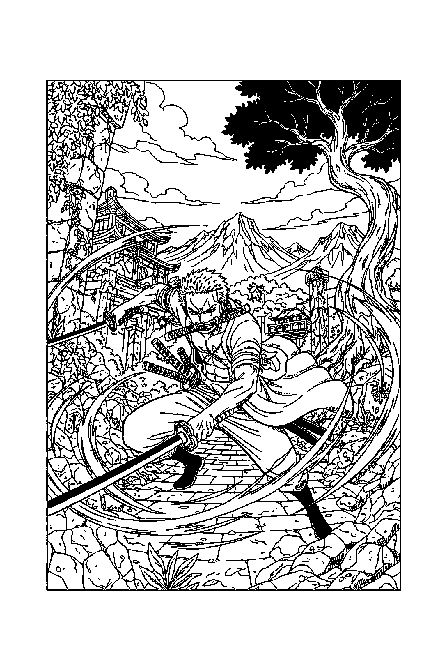 Coloriage One Piece gratuit à imprimer : Zoro en action avec décor détaillé