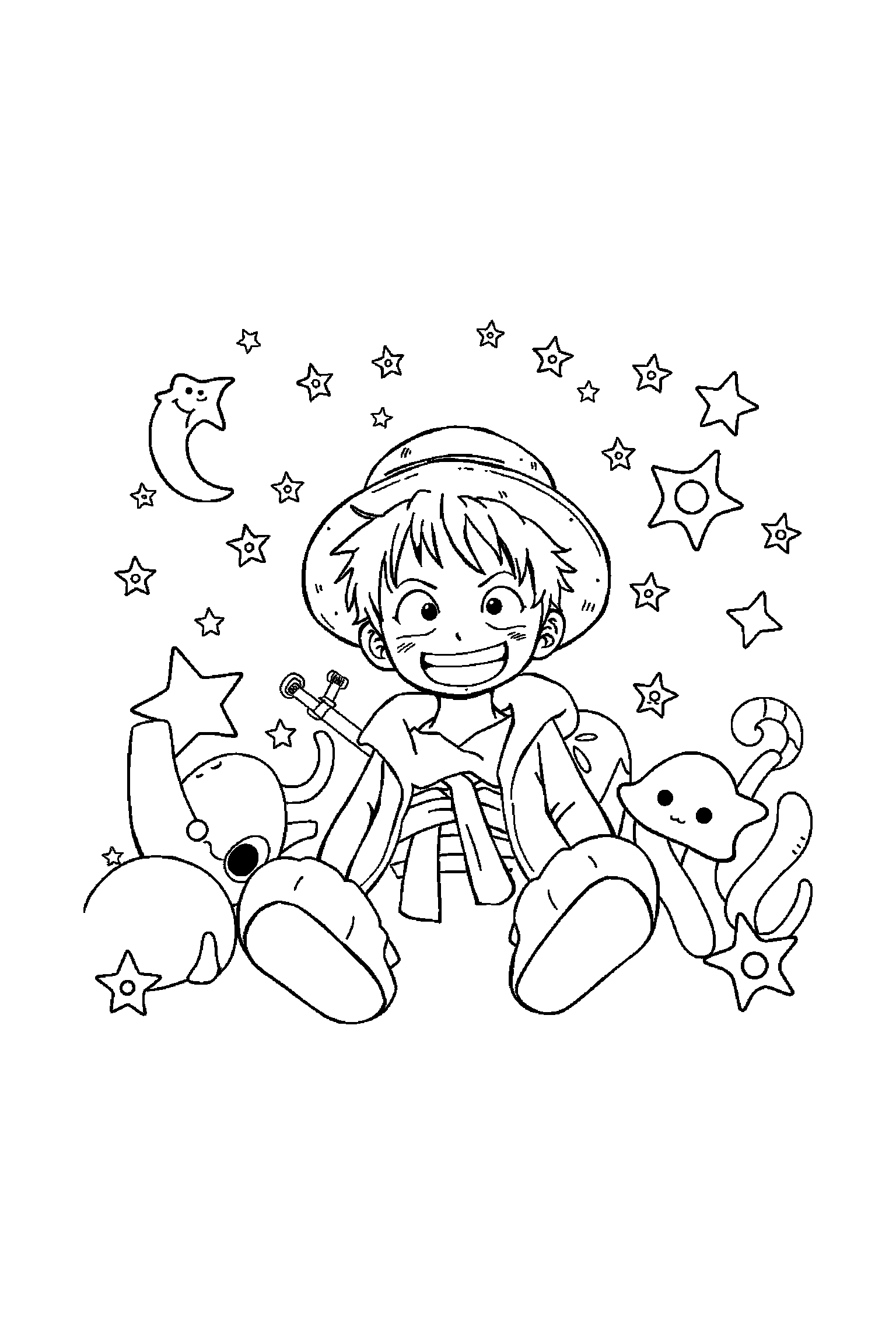 Coloriage One Piece gratuit à imprimer - Luffy entouré par des motifs étoiles de mer Coloriage One Piece gratuit à imprimer : Luffy entouré par des motifs étoiles de mer