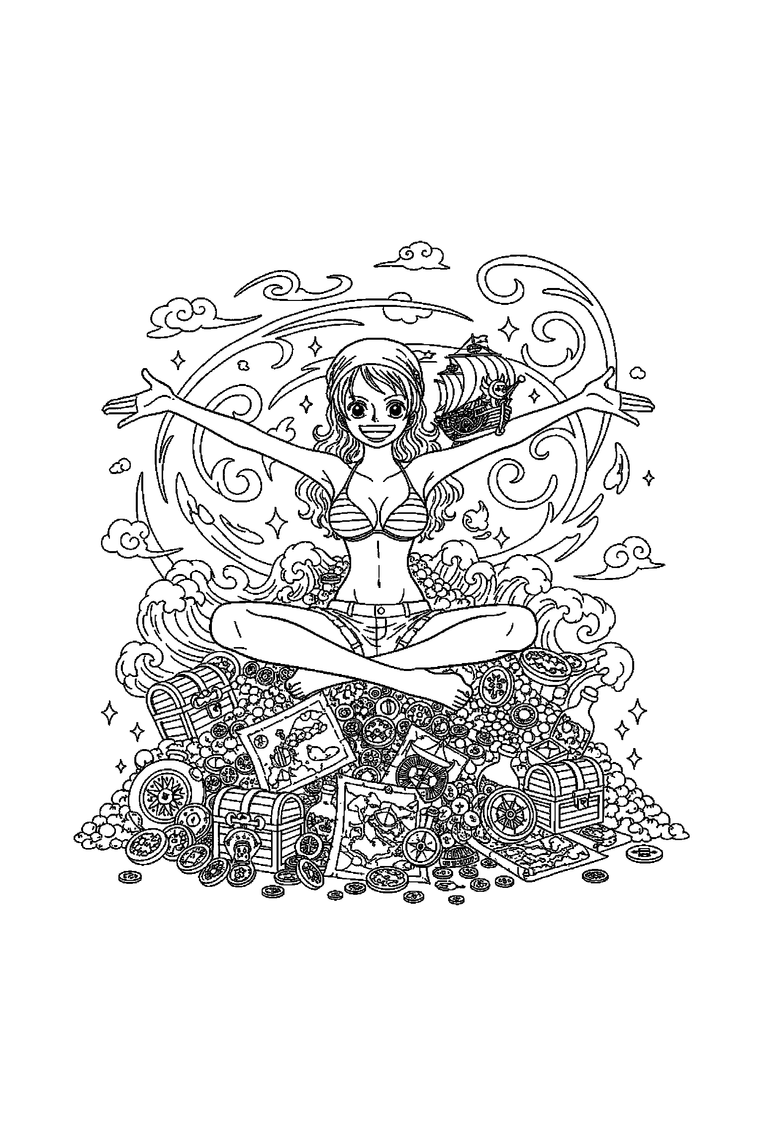 Coloriage One Piece gratuit à imprimer : Nami avec une collection de petits éléments