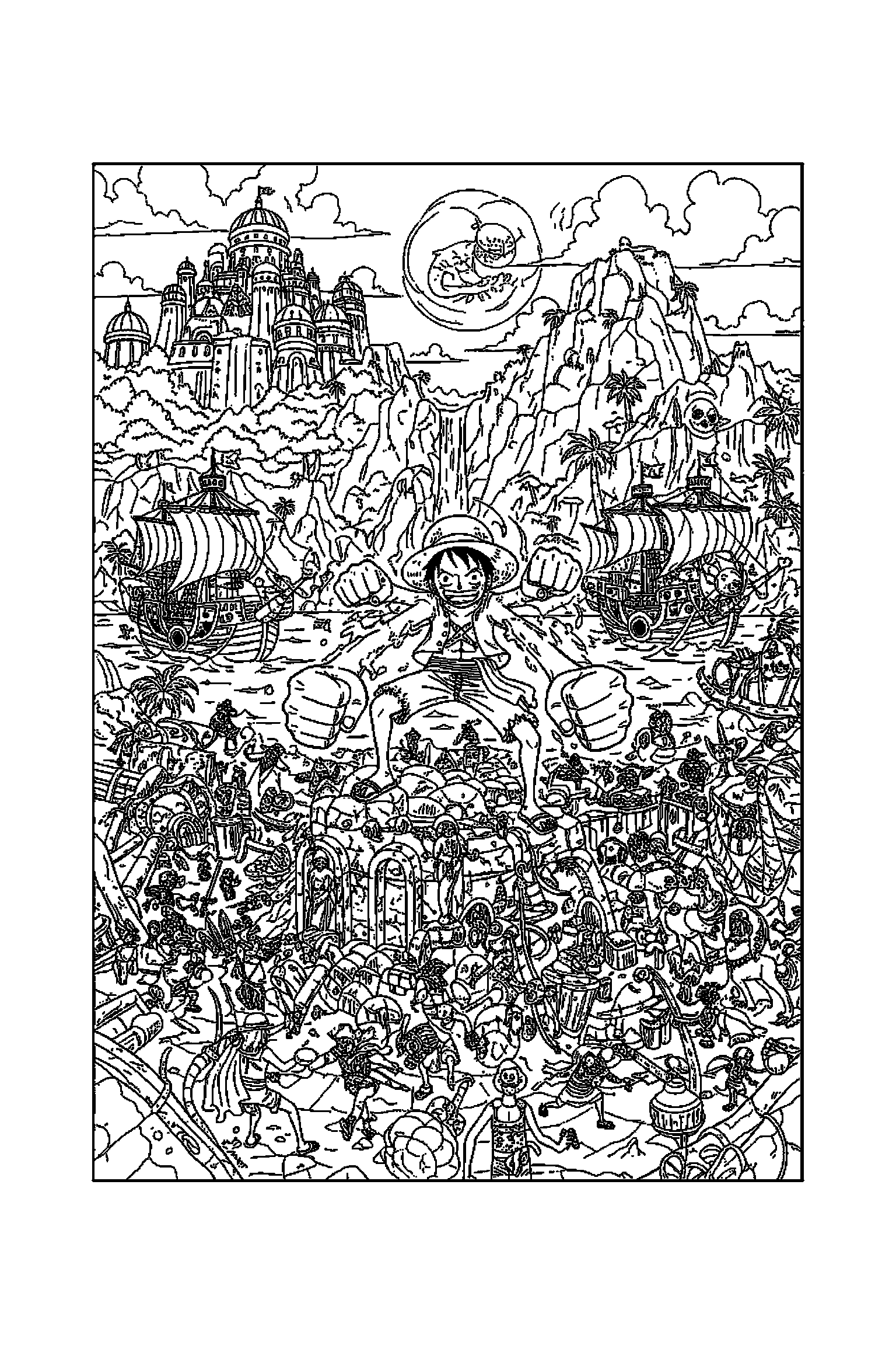 Coloriage One Piece gratuit à imprimer : Luffy dans un grand décor très détaillé