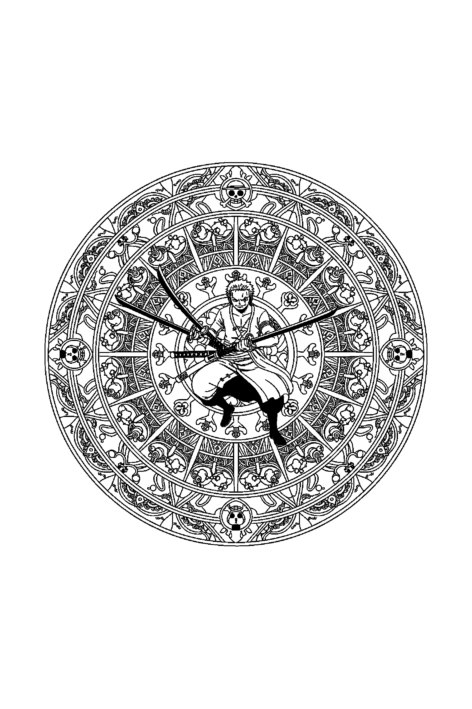 Coloriage One Piece gratuit à imprimer : mandala One Piece avec Zoro au centre
