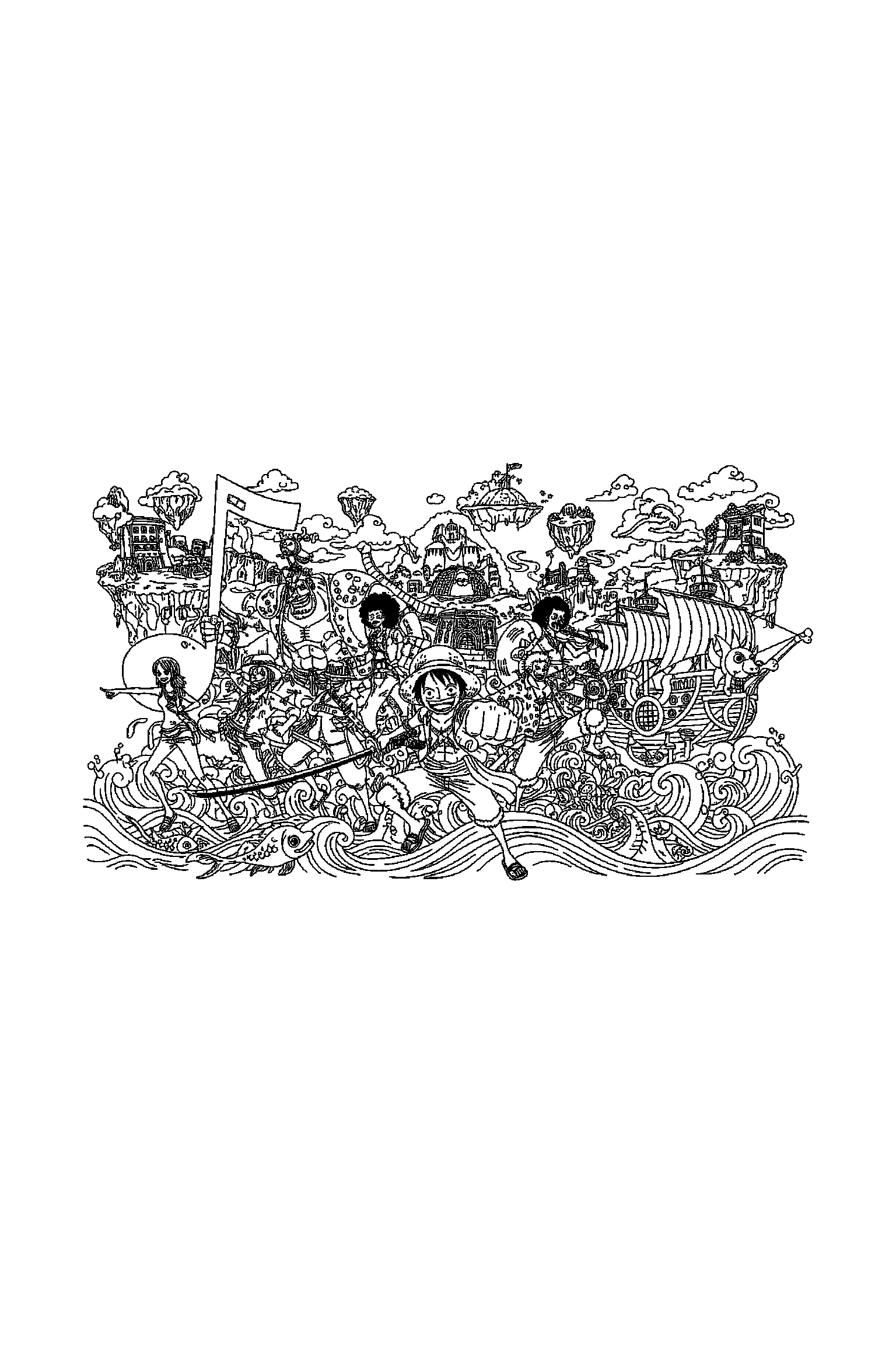 Coloriage One Piece gratuit à imprimer : l'équipage du Chapeau de paille dans une scène panoramique à colorier