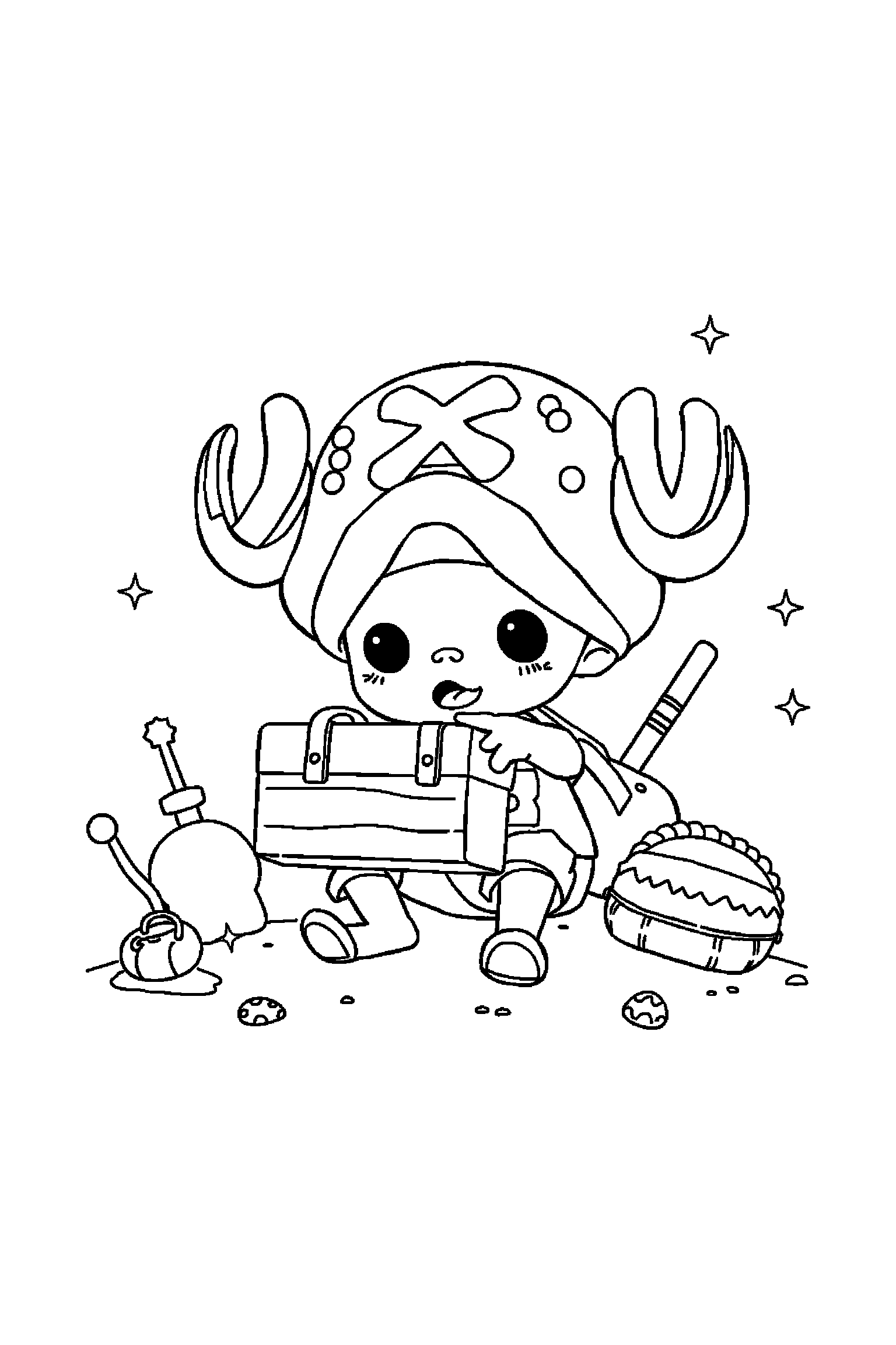 Coloriage One Piece gratuit à imprimer - Chopper avec un coffre sur un fond clair Coloriage One Piece gratuit à imprimer : Chopper avec un coffre sur un fond clair