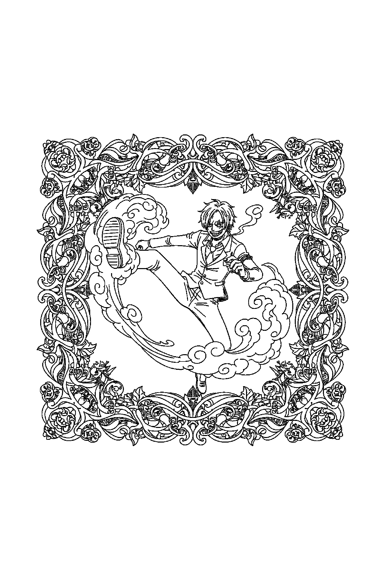Coloriage One Piece gratuit à imprimer : Sanji avec un cadre ornemental plein de motifs