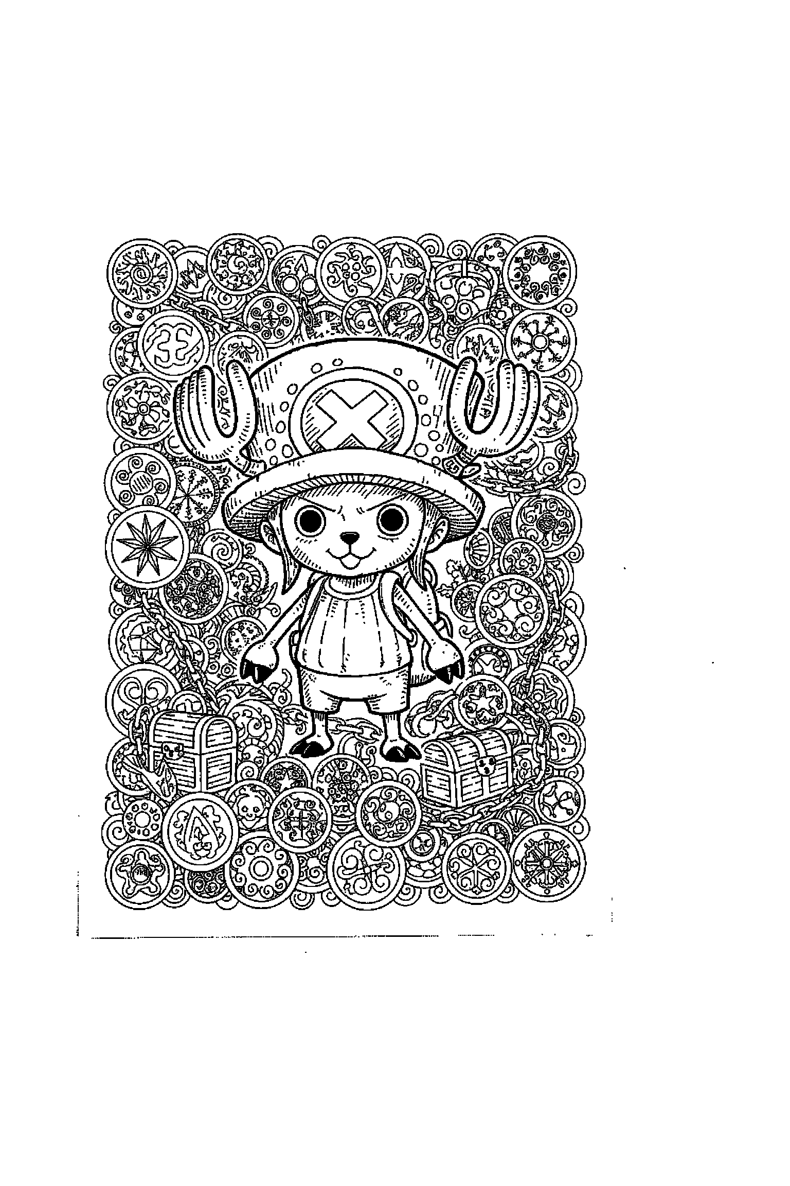Coloriage One Piece gratuit à imprimer : poster détaillé avec Chopper et des motifs pièces d'or