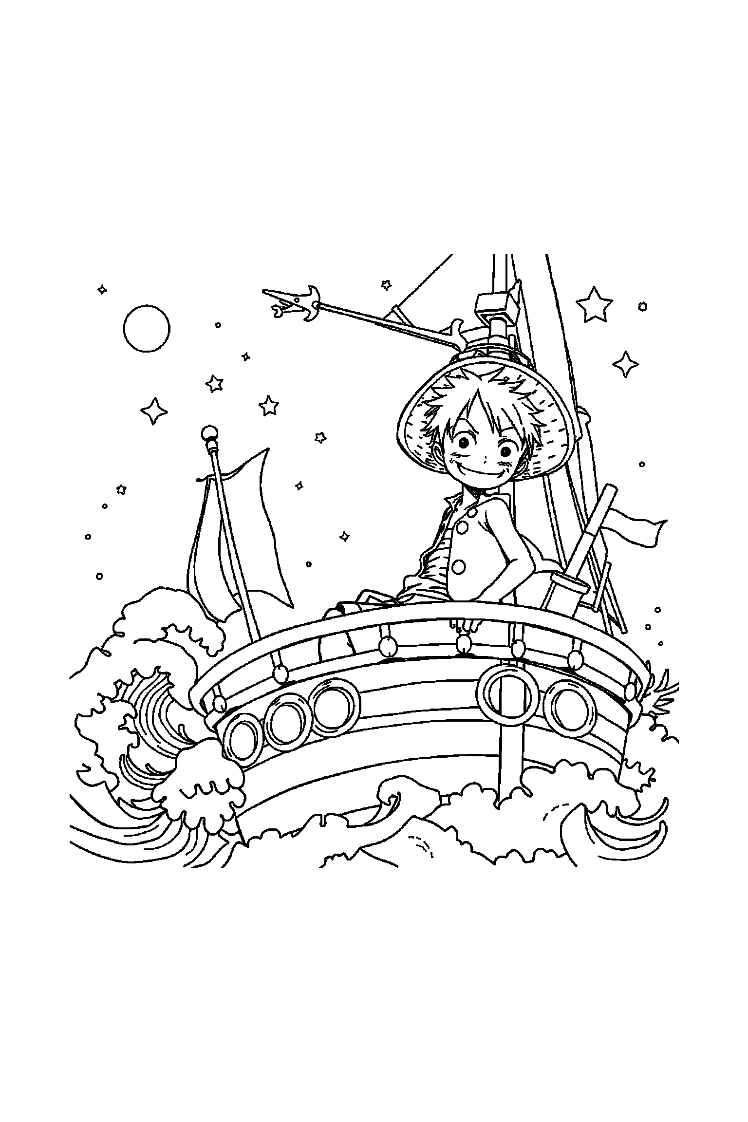 Coloriage One Piece gratuit à imprimer - Luffy dans le pont d'un bateau pirate avec plusieurs détails Coloriage One Piece gratuit à imprimer : Luffy dans le pont d'un bateau pirate avec plusieurs détails
