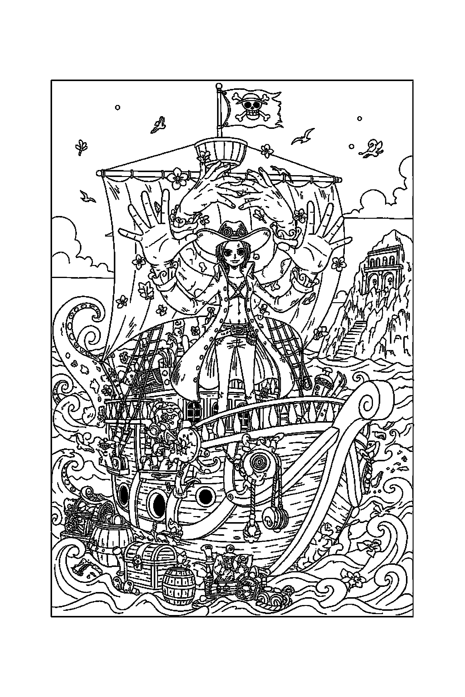 Coloriage One Piece gratuit à imprimer : Robin dans le pont d'un bateau pirate avec nombreux petits éléments