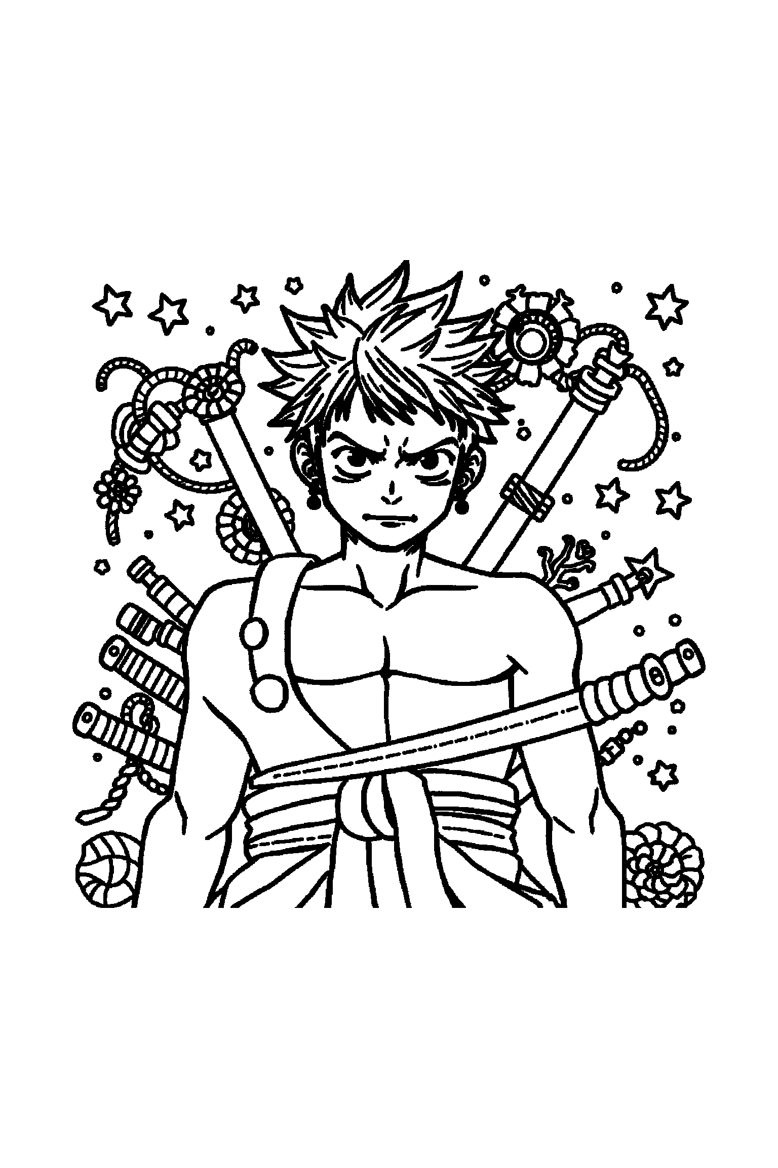 Coloriage One Piece gratuit à imprimer - Zoro entouré par des motifs cordages et de petits objets Coloriage One Piece gratuit à imprimer : Zoro entouré par des motifs cordages et de petits objets