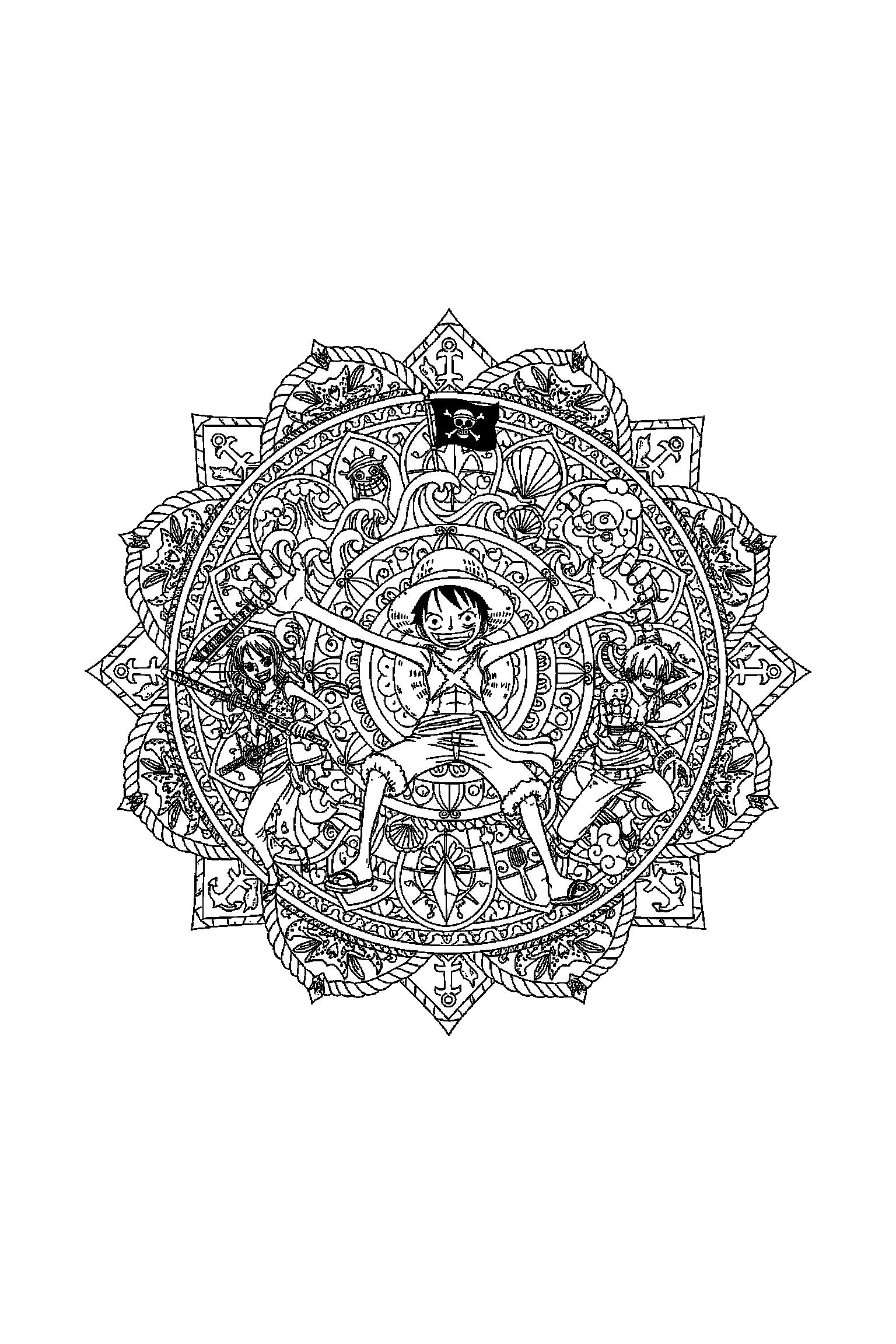 Coloriage One Piece gratuit à imprimer : l'équipage du Chapeau de paille entouré de motifs répétitifs