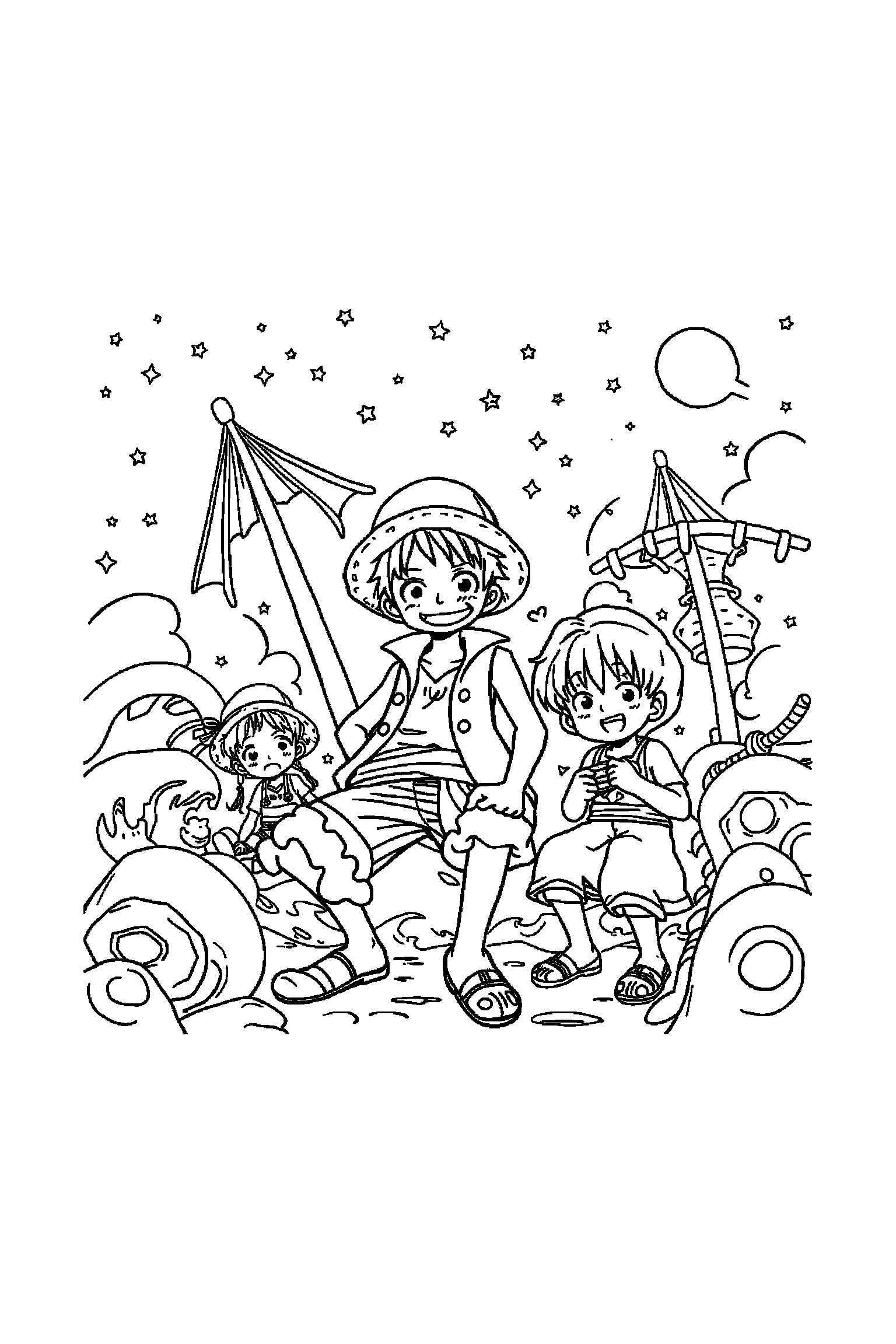 Coloriage One Piece gratuit à imprimer - scène verticale avec Nami et l'équipage du Chapeau de paille Coloriage One Piece gratuit à imprimer : scène verticale avec Nami et l'équipage du Chapeau de paille