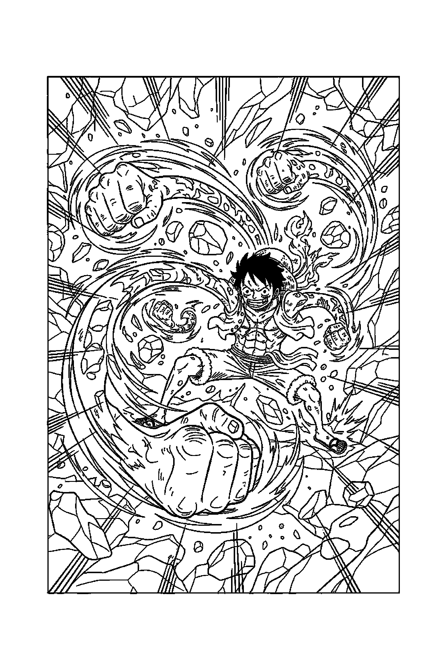 Coloriage One Piece gratuit à imprimer : Luffy dans une scène d'action complexe