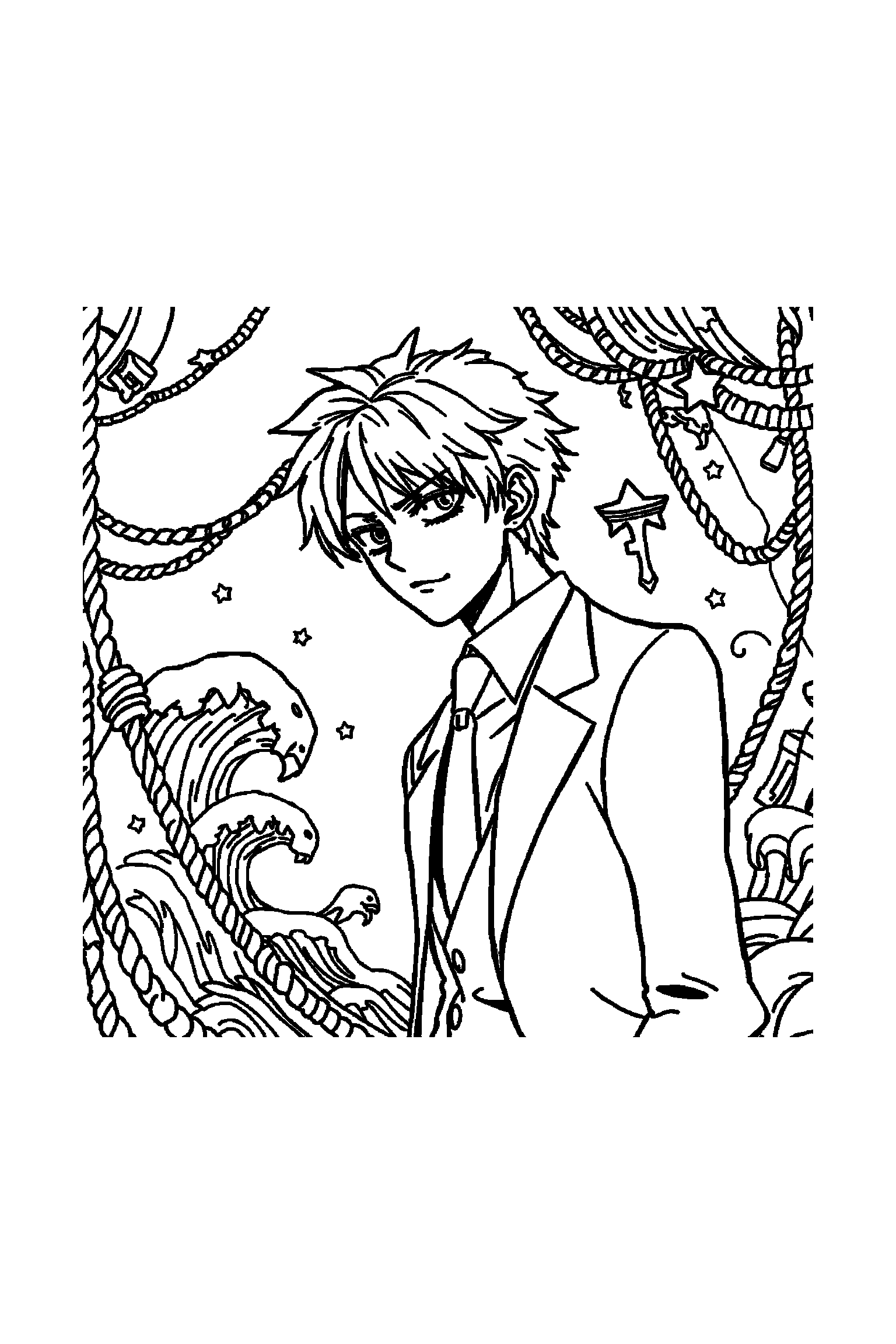 Coloriage One Piece gratuit à imprimer - Sanji au centre d'un décor riche mais lisible Coloriage One Piece gratuit à imprimer : Sanji au centre d'un décor riche mais lisible