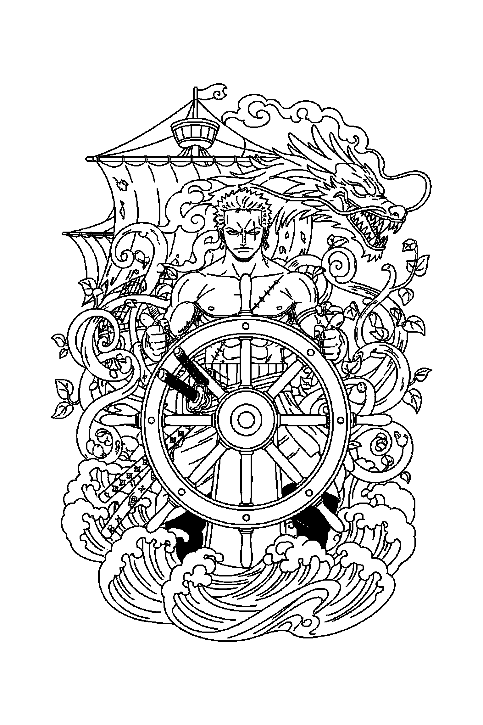 Coloriage One Piece gratuit à imprimer : composition A4 dense avec Zoro et un gouvernail