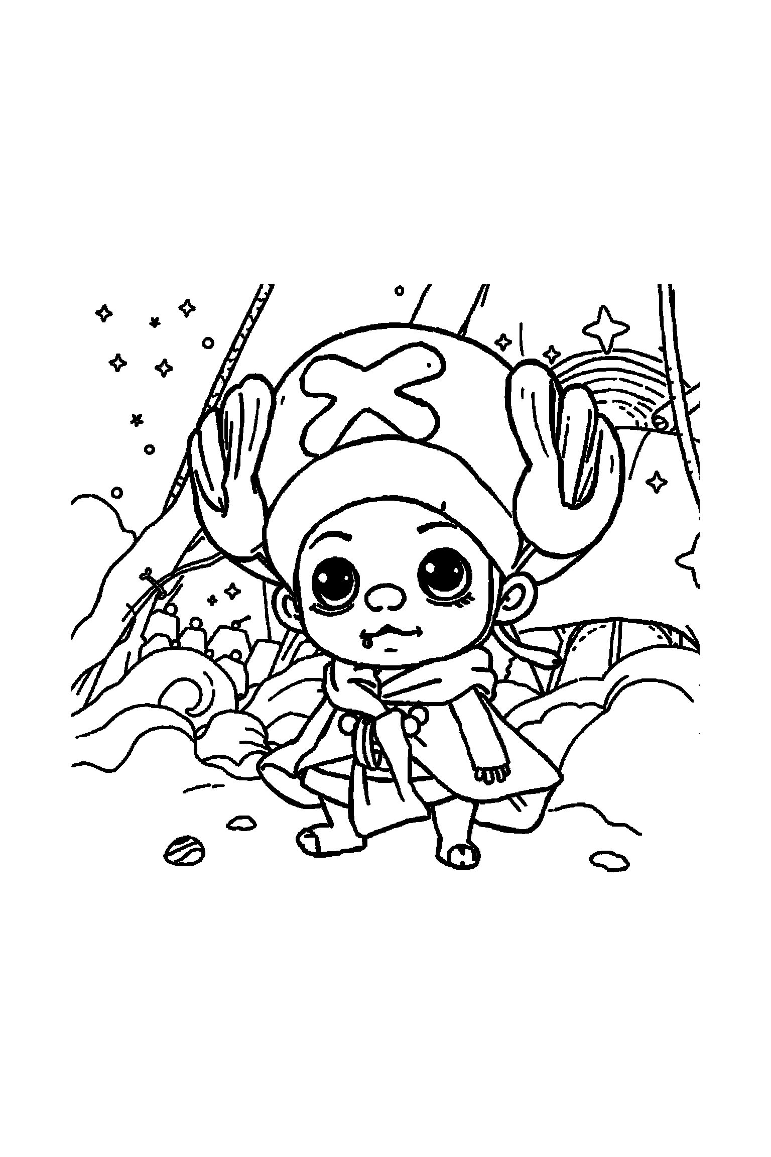 Coloriage One Piece gratuit à imprimer - Chopper avec un drapeau pirate sans texte, pièces d'or et arrière-plan complet Coloriage One Piece gratuit à imprimer : Chopper avec un drapeau pirate sans texte, pièces d'or et arrière-plan complet