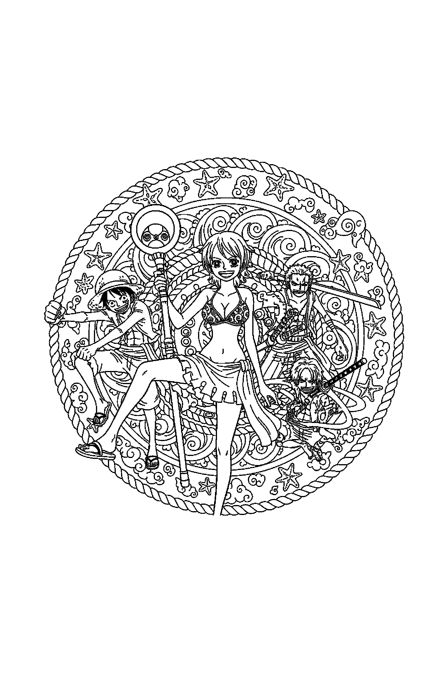 Coloriage One Piece gratuit à imprimer : Nami au milieu d'un décor complet de One Piece